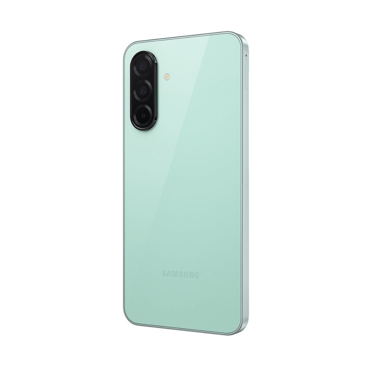 Dos d'un smartphone Samsung vert menthe avec triple appareil photo vertical et logo.