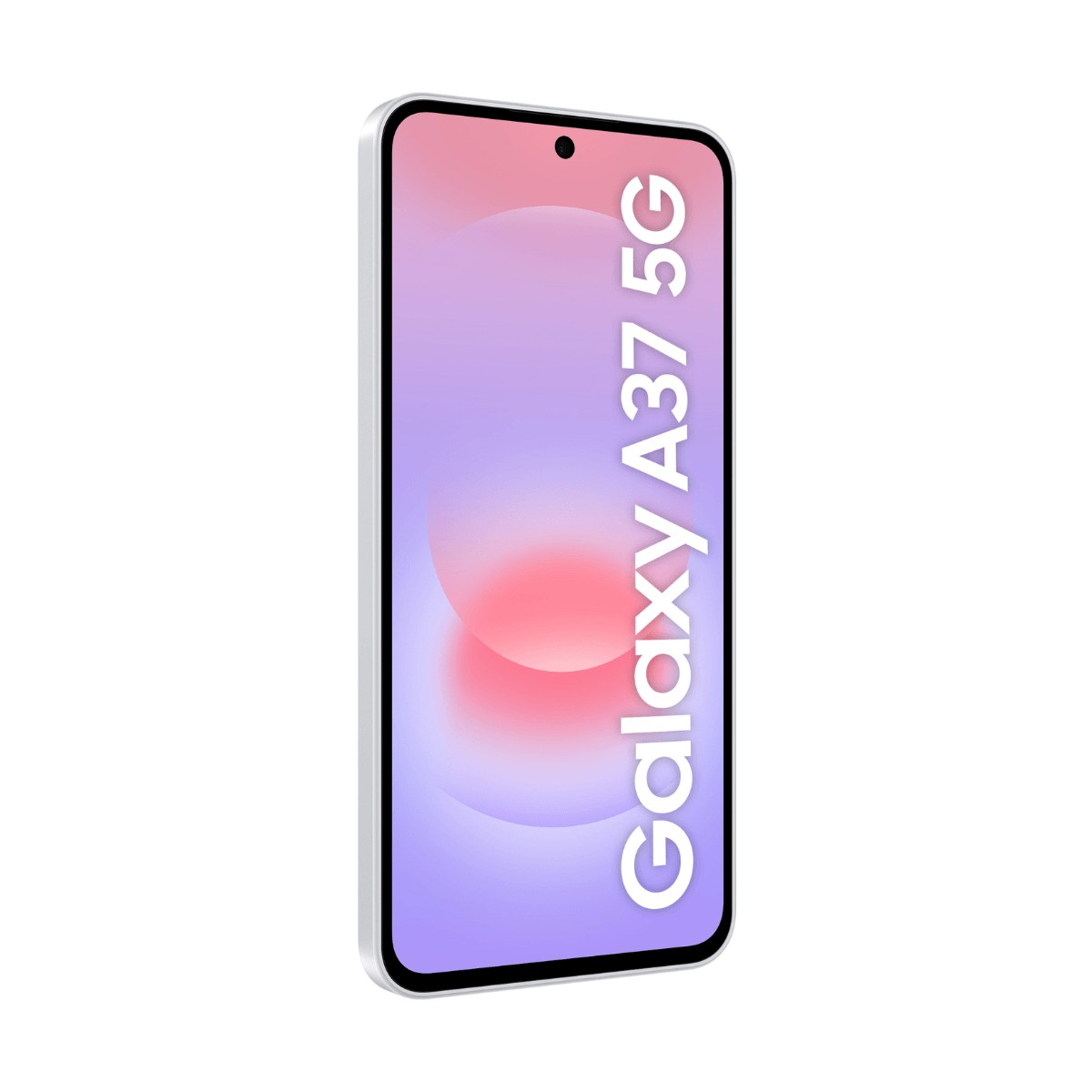 Ein weißes Smartphone mit pink-violettem Bildschirm und der Aufschrift Galaxy A37 5G.