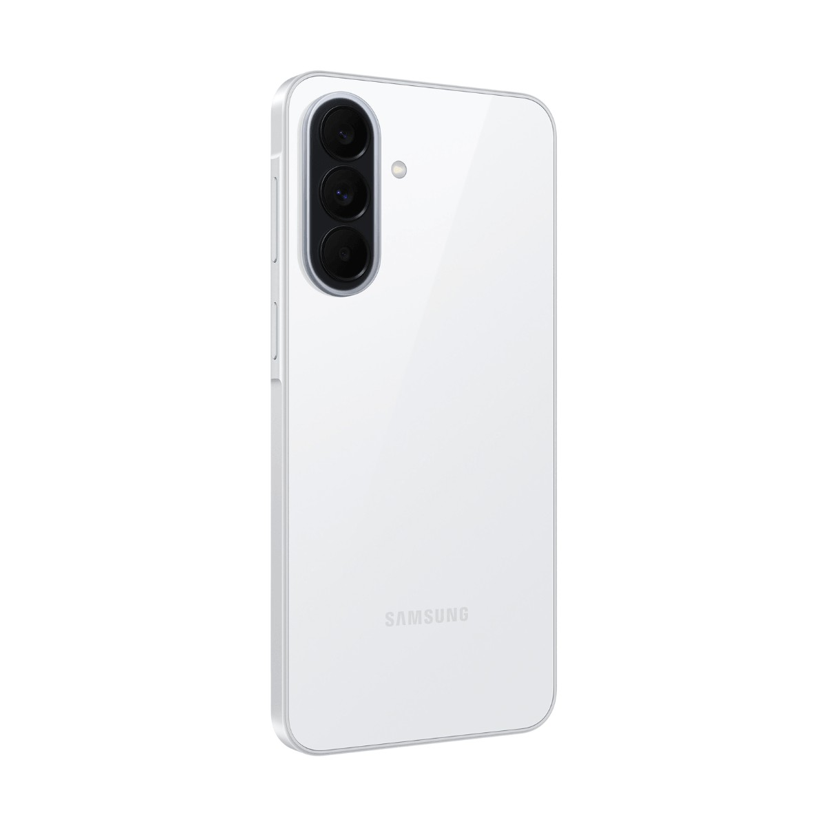 Weißes Samsung-Smartphone mit drei vertikalen Kameras auf der Rückseite auf weißem Hintergrund.