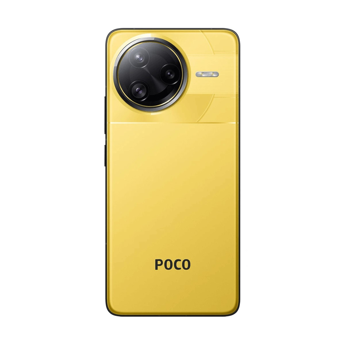 Retro di uno smartphone POCO giallo con un grande modulo fotocamera rotondo in alto a sinistra.