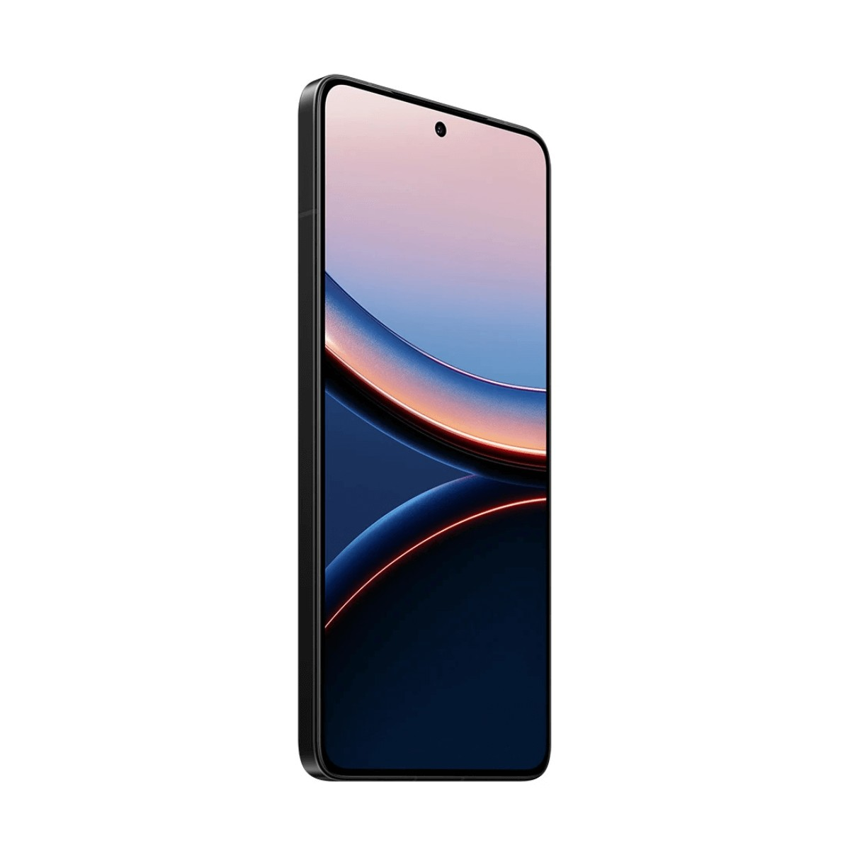 Uno smartphone nero con bordi arrotondati e uno sfondo colorato sullo schermo.
