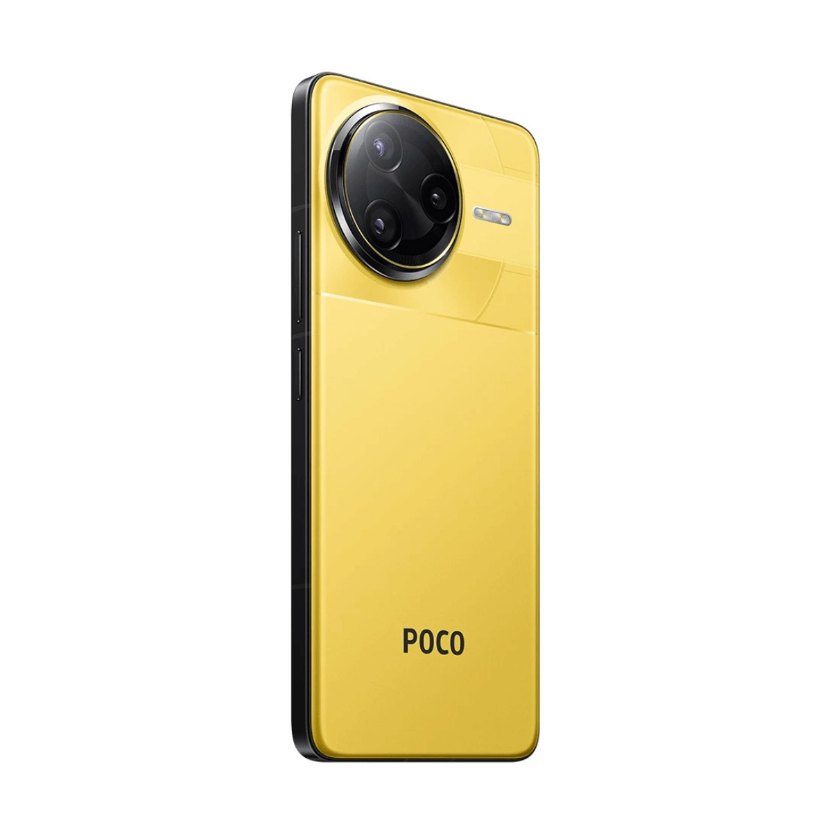 Il retro di uno smartphone POCO giallo con un grande modulo fotocamera rotondo su sfondo bianco.
