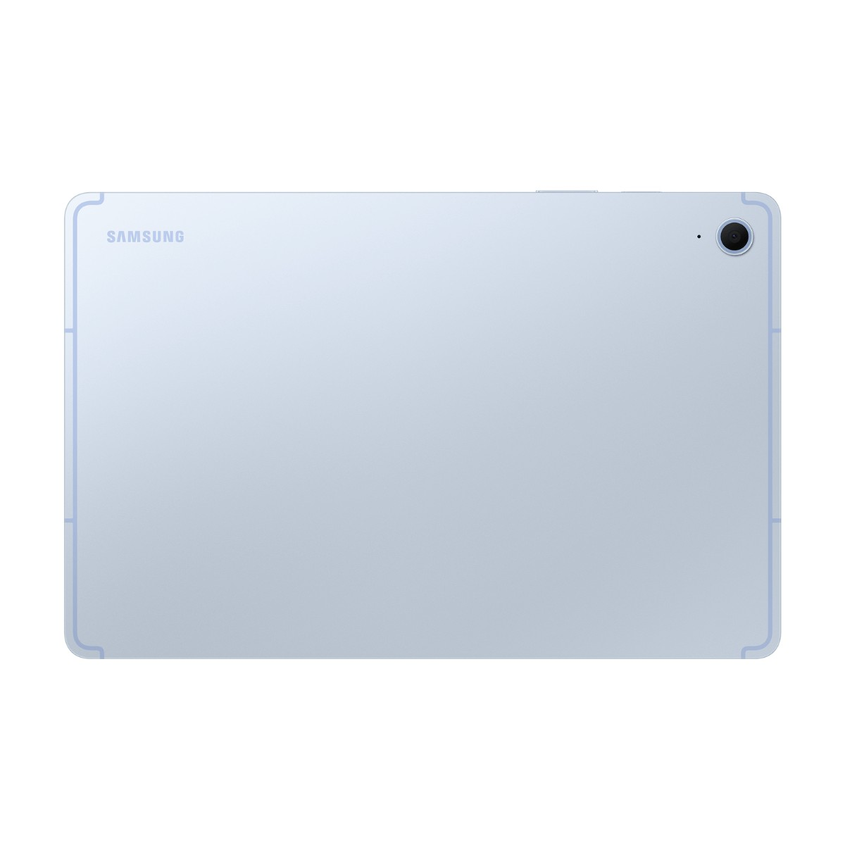 Vista posteriore di un tablet Samsung azzurro con obiettivo della fotocamera e microfono nell'angolo in alto a destra.