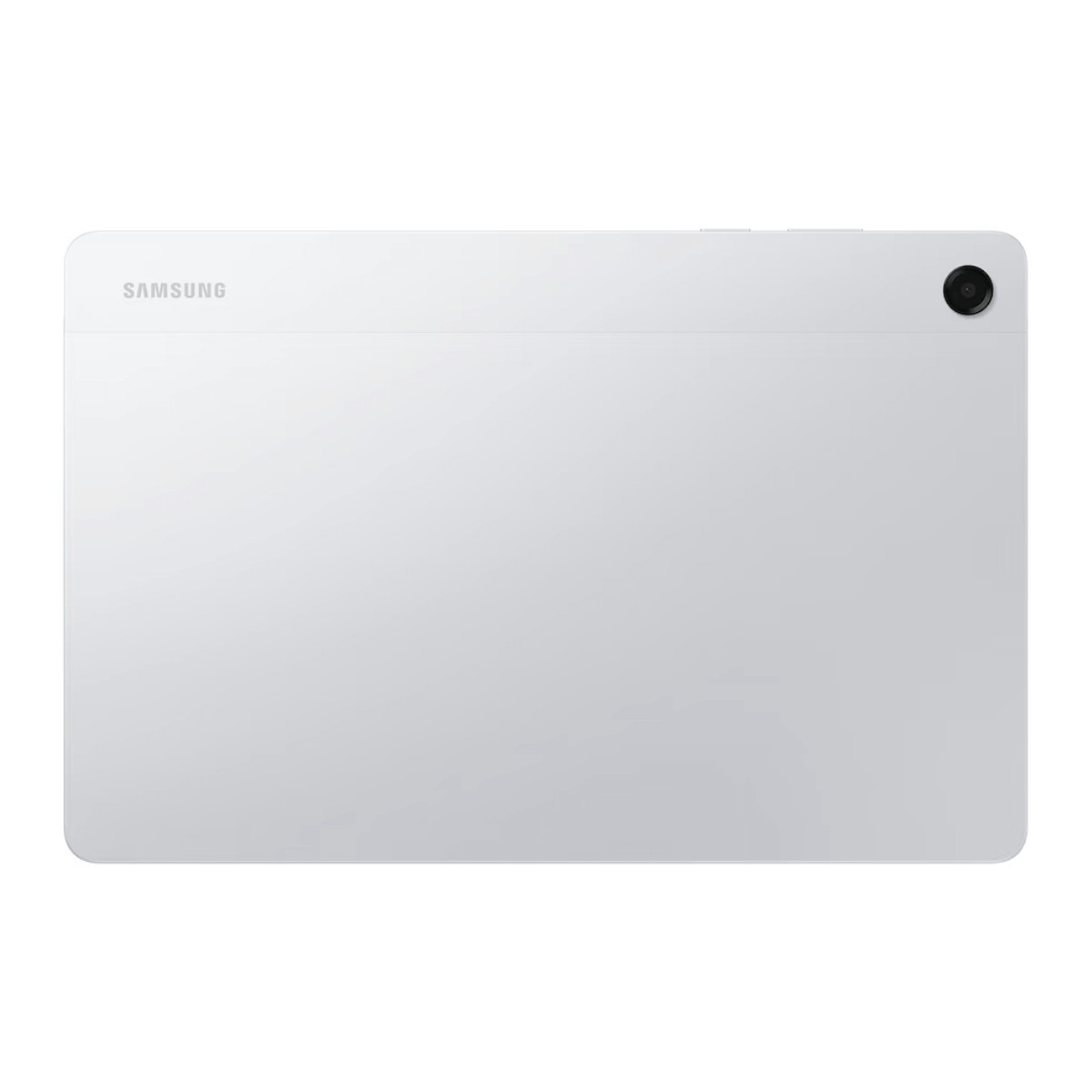 Retro di un tablet Samsung argento che mostra l'obiettivo della fotocamera e il logo.