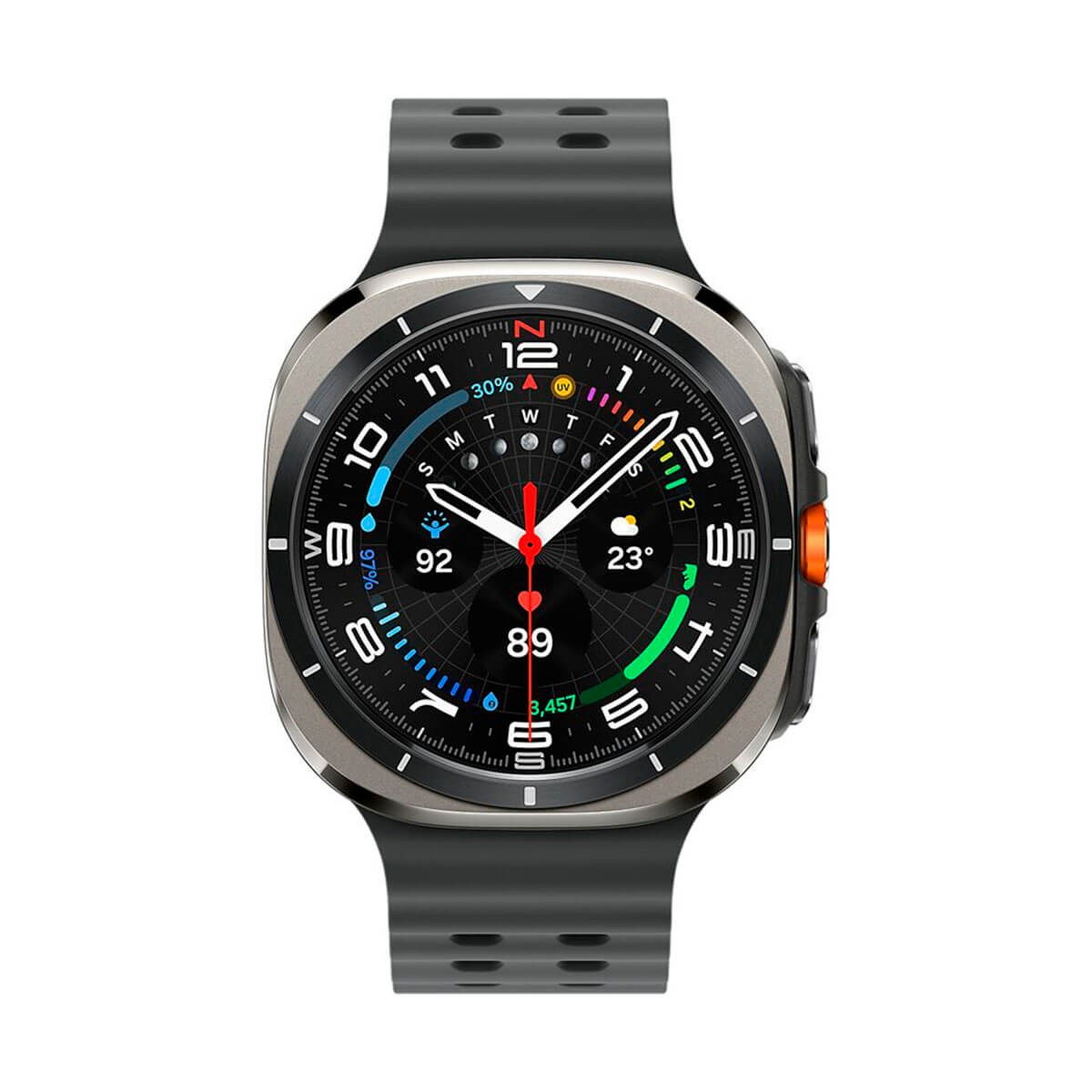 Uno smartwatch nero con display rotondo mostra l'ora, la frequenza cardiaca e varie metriche.