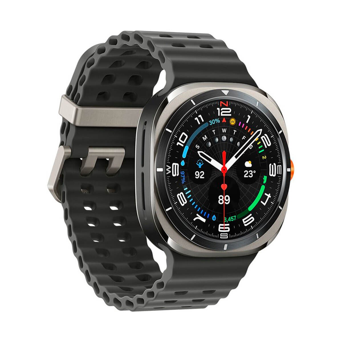Uno smartwatch con cassa argento, cinturino in silicone nero perforato e quadrante con dati sulla salute.