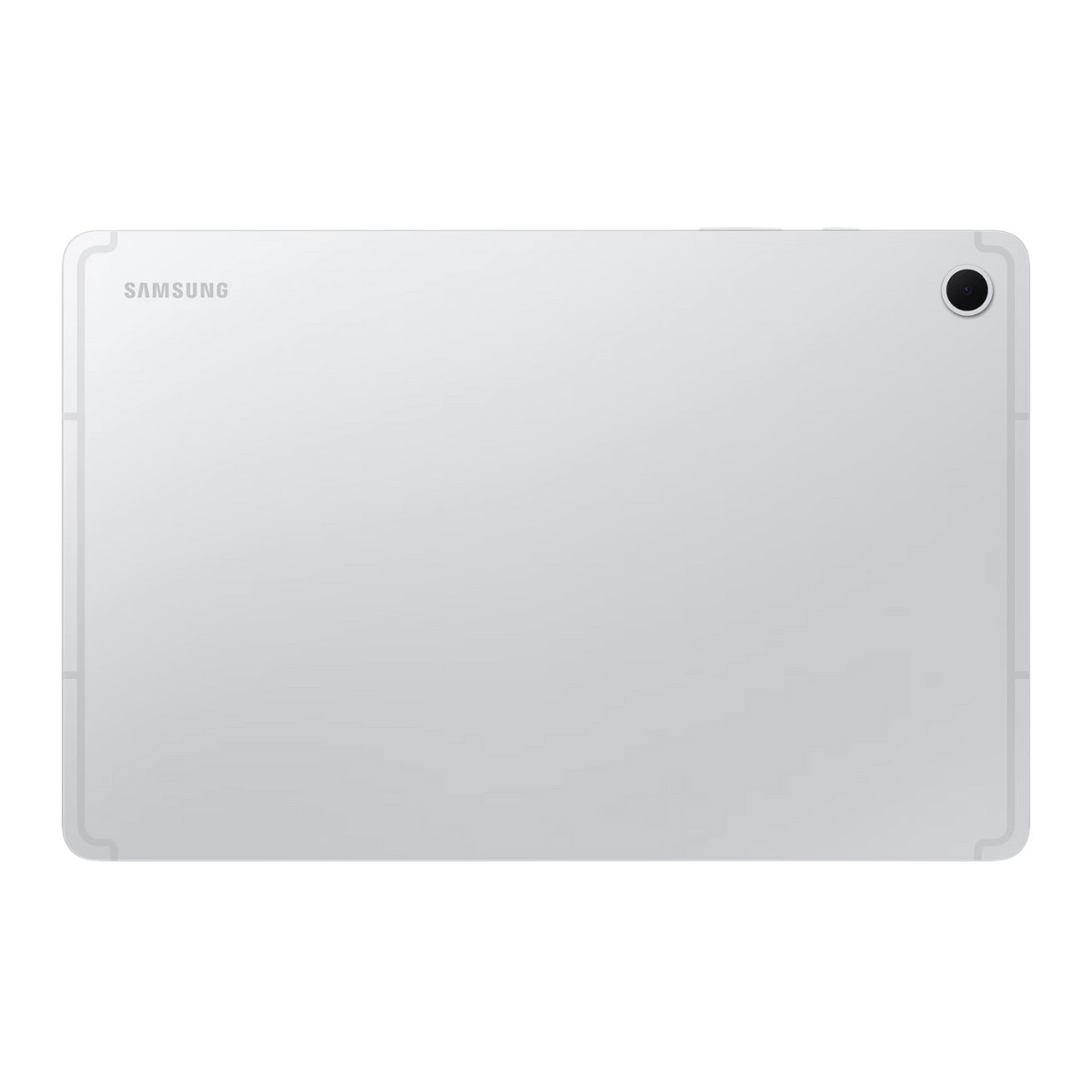 Il retro di un tablet Samsung argentato con una fotocamera in alto a destra.