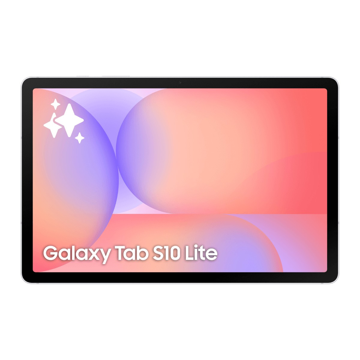 Un Galaxy Tab S10 Lite su sfondo bianco con uno sfondo colorato.