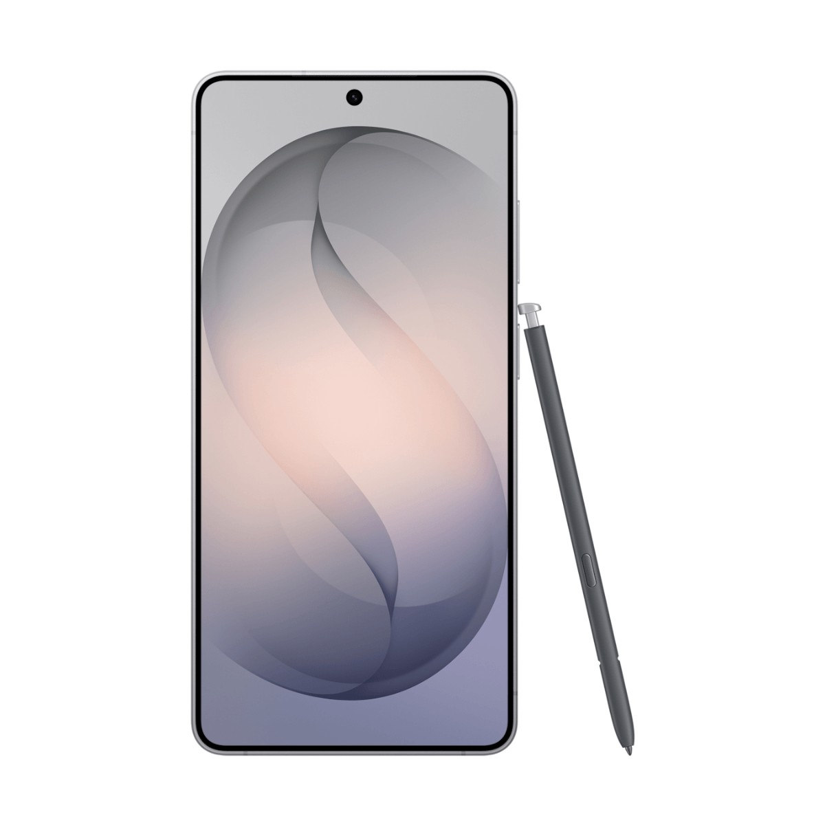 A smartphone with a light curved wallpaper and a grey stylus beside it against a white background.