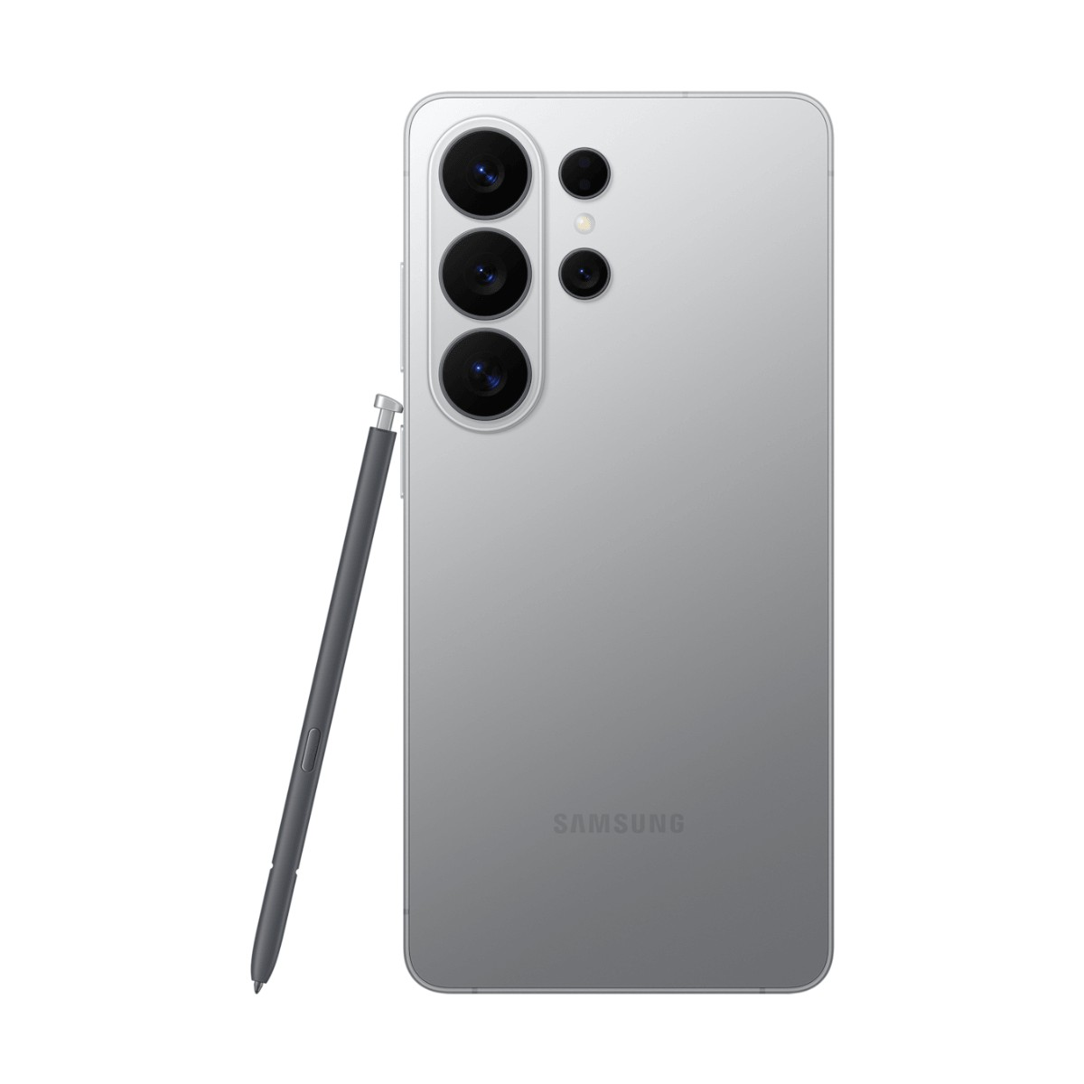 Gray Samsung smartphone with stylus and three main cameras.