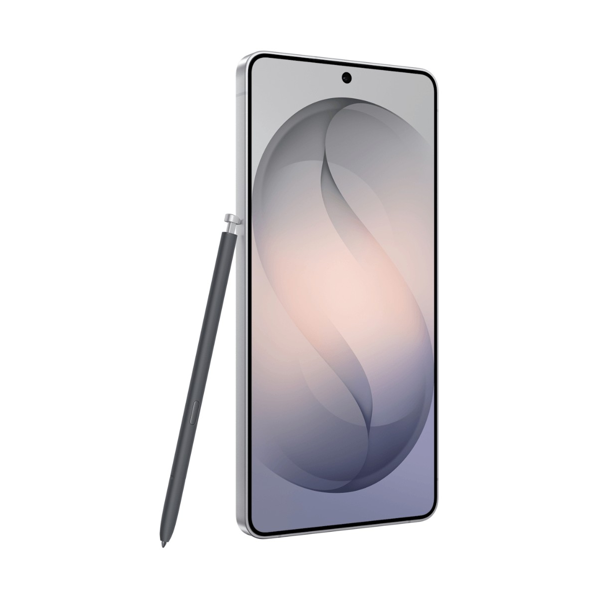A white smartphone with a grey abstract pattern on the screen stands upright beside a matching grey stylus on white background.