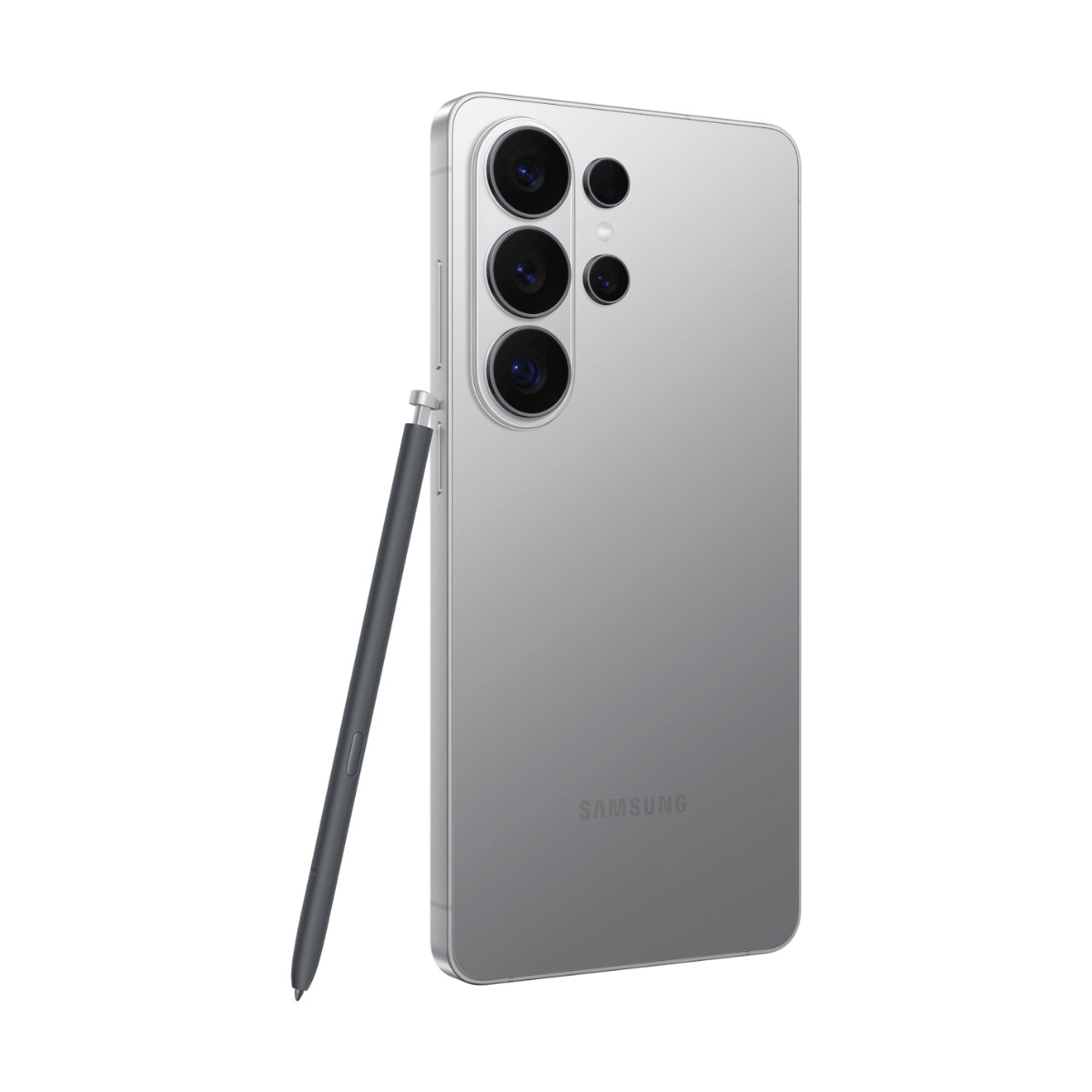 Back of a silver smartphone with multiple cameras and a detached grey stylus, shown against a white background.