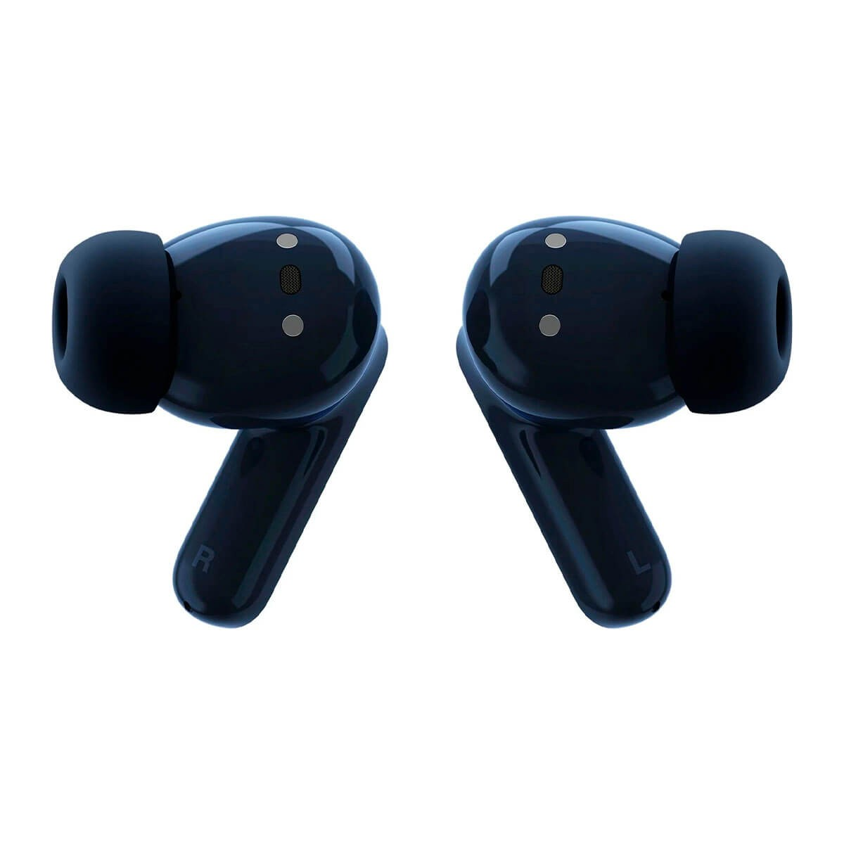 Auricolari wireless blu scuro lucidi con steli su sfondo bianco.