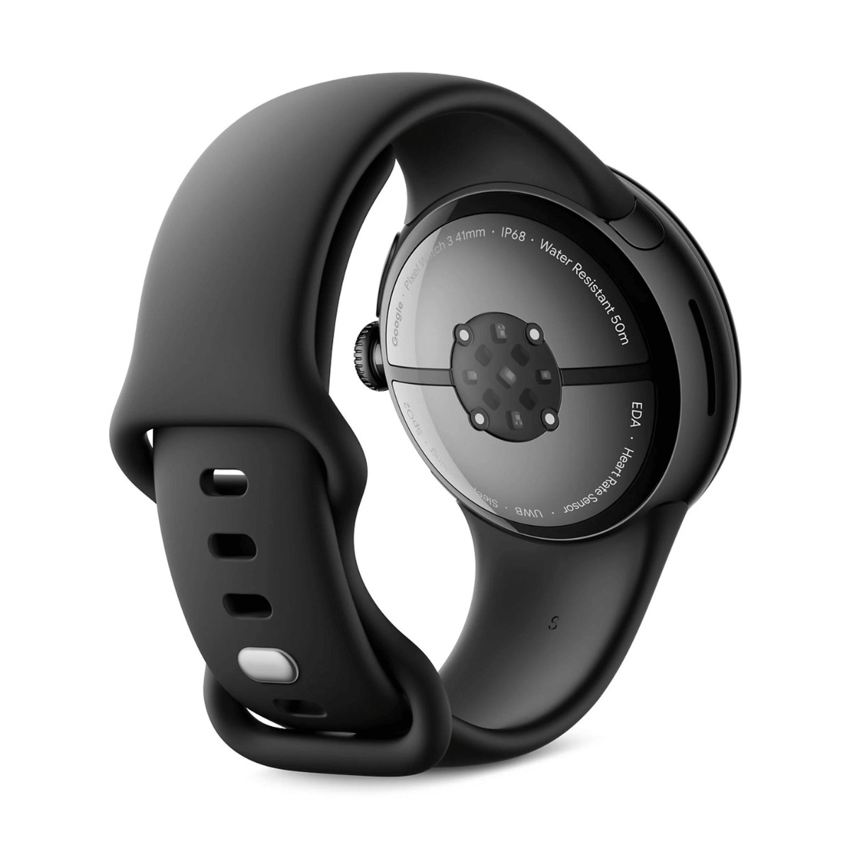 Arrière d'une montre connectée noire avec des capteurs, des inscriptions et un bracelet en silicone.