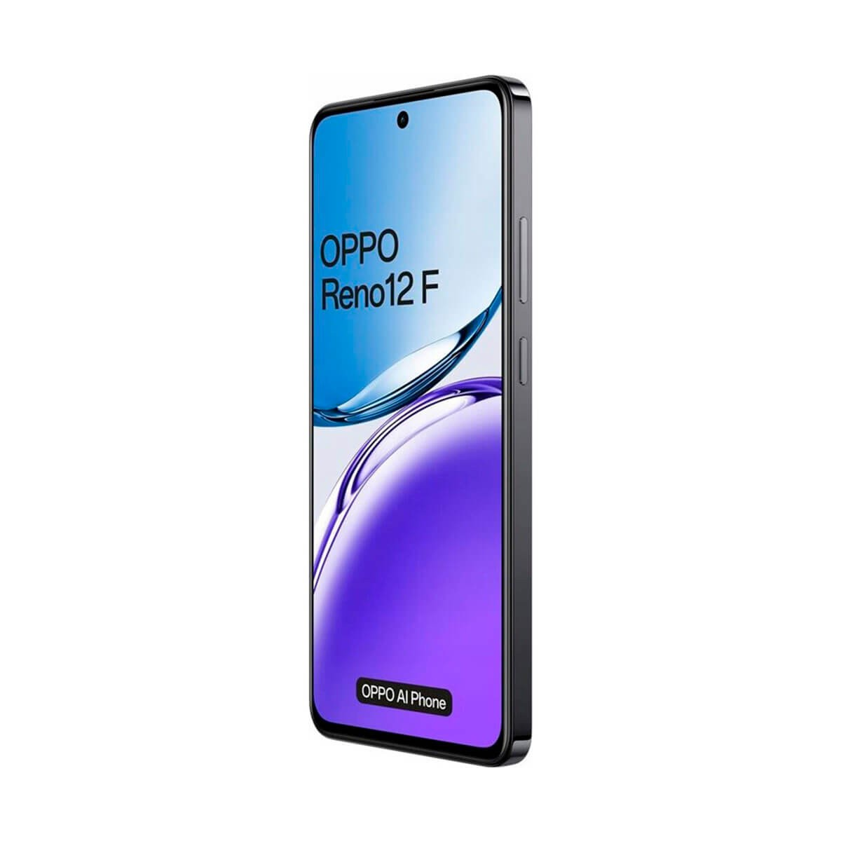 Smartfon Oppo Reno12 F w pionie z niebiesko-fioletowym ekranem z napisem 'OPPO Reno12 F'.