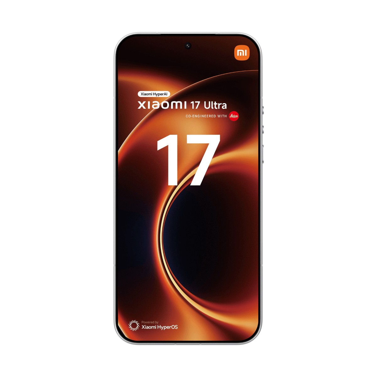 Smartphone che mostra la scritta Xiaomi 17 Ultra con un grande numero 17 bianco su sfondo arancione.
