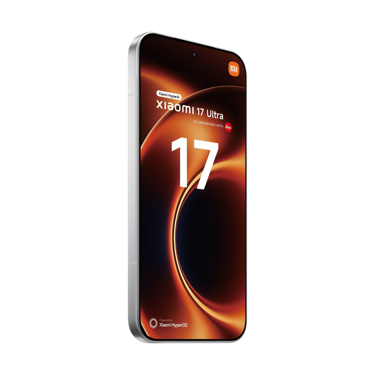 Uno smartphone argentato mostra uno sfondo astratto arancione con il testo Xiaomi 17 Ultra.