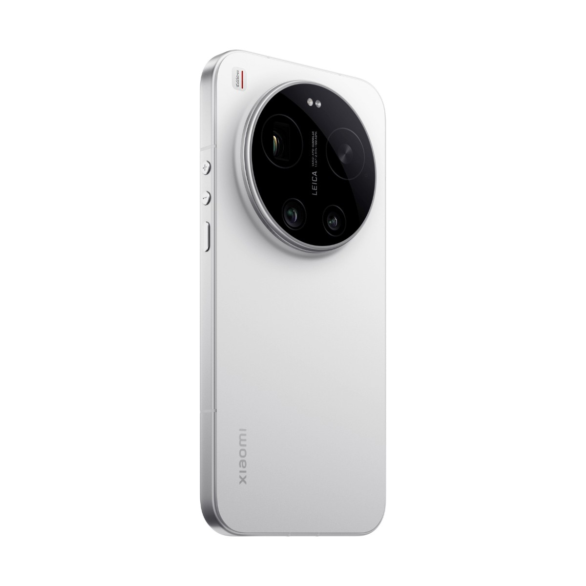 Vista posteriore di uno smartphone bianco con un grande modulo fotocamera rotondo e marchio Leica.
