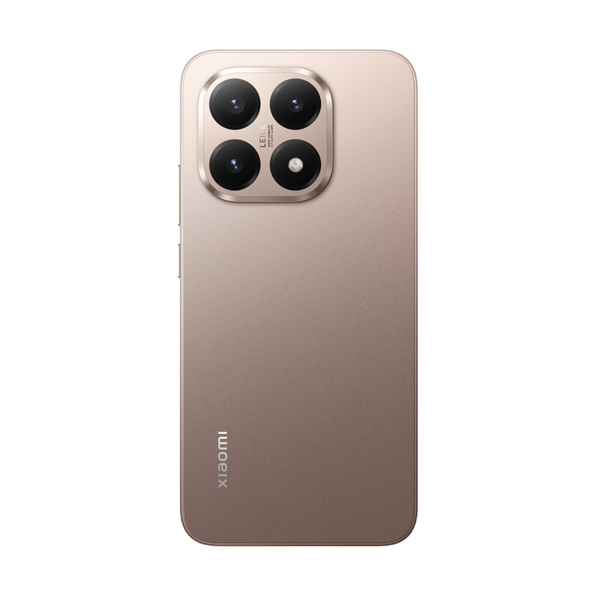 Retro di uno smartphone Xiaomi color marrone oro con un modulo a quattro fotocamere quadrato e logo Leica.