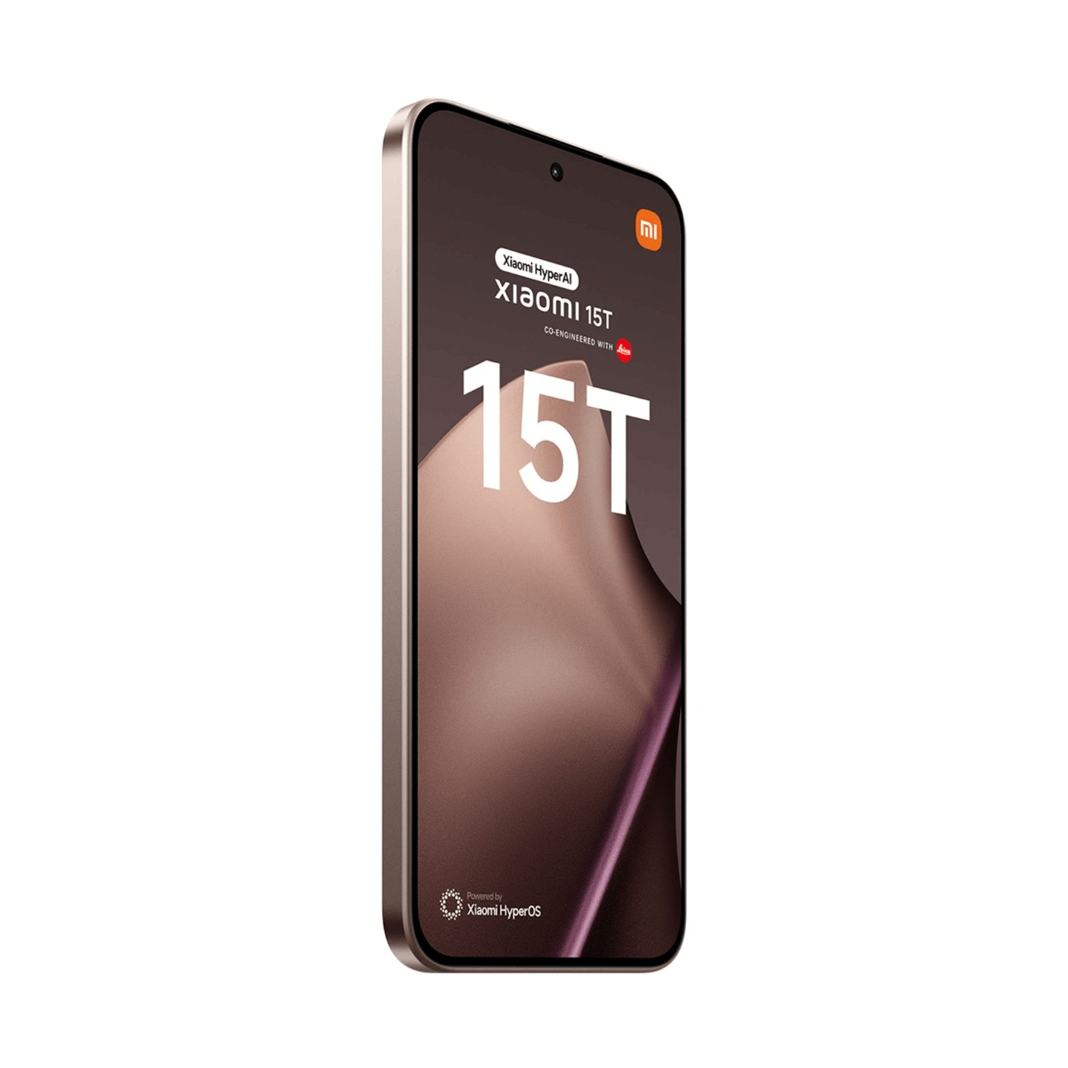 Uno smartphone con cornice in oro rosa mostra lo schermo con la scritta Xiaomi 15T.