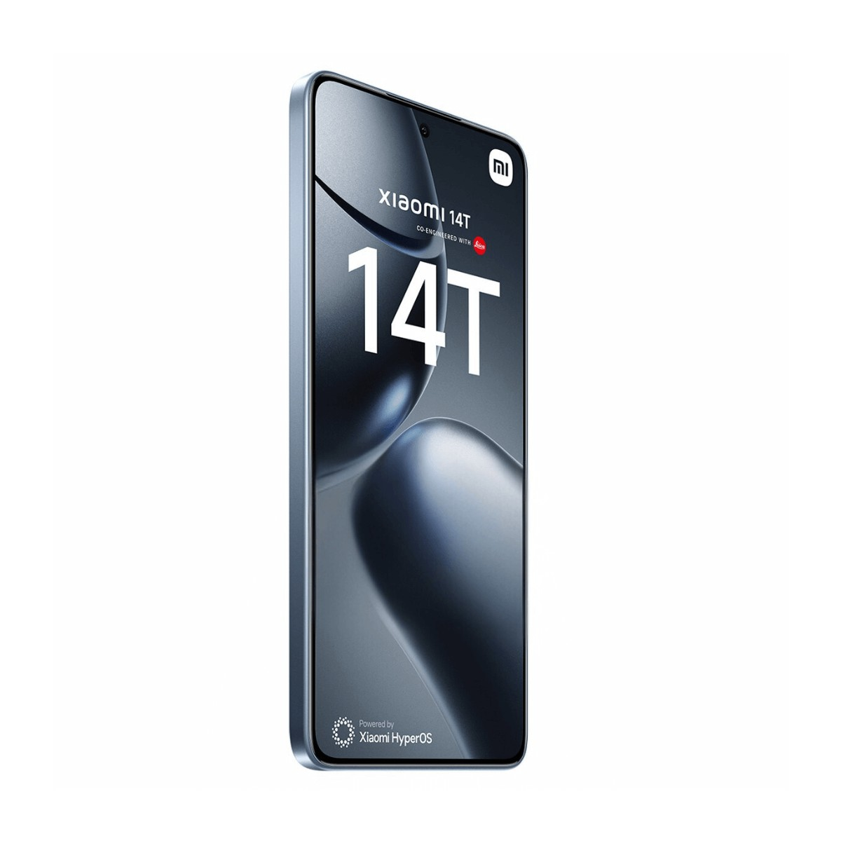Ein graues Xiaomi 14T Smartphone steht schräg auf weißem Hintergrund mit dem Display-Text 14T.