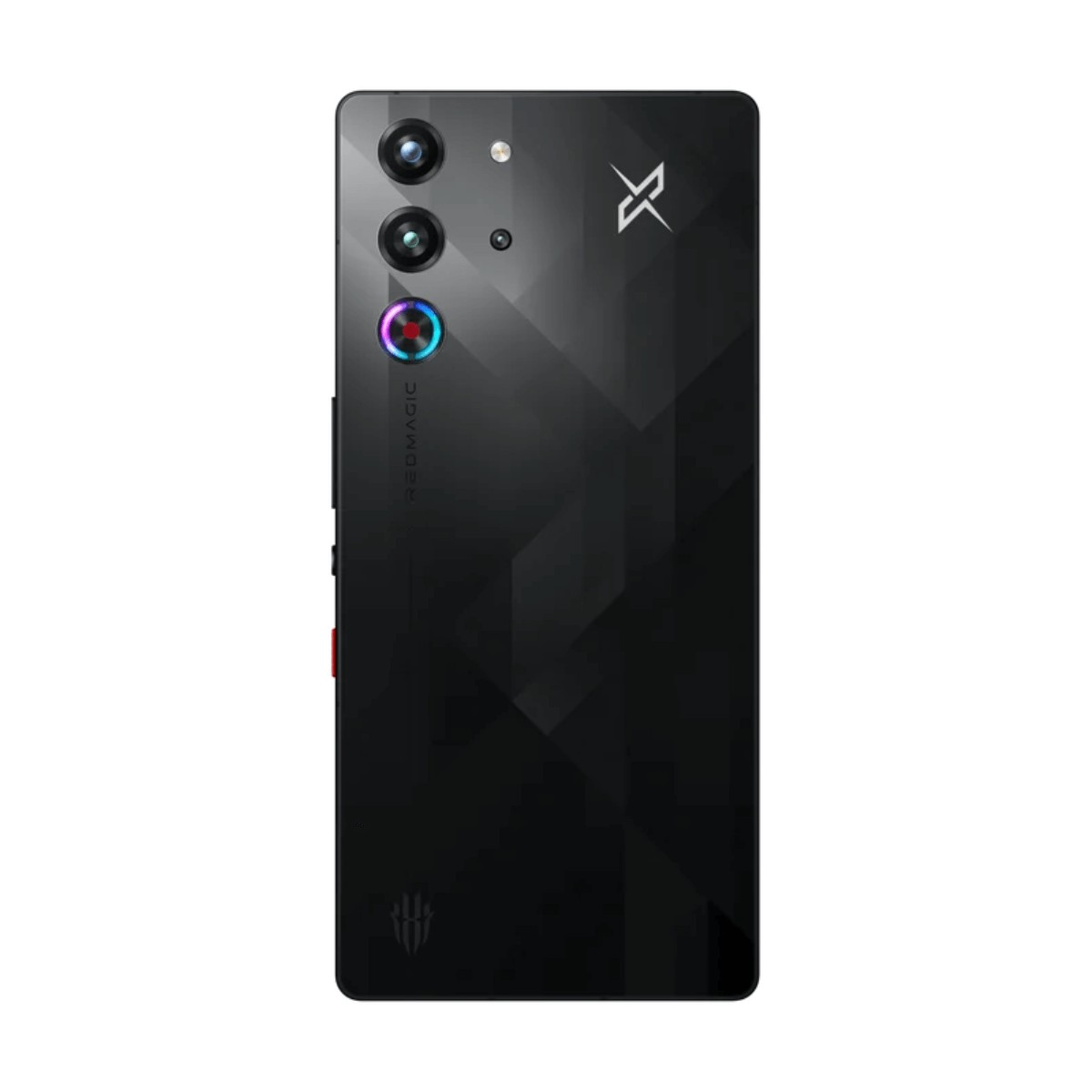 Rückseite eines schwarzen Red Magic Smartphones mit vertikaler Dreifachkamera und Logos.