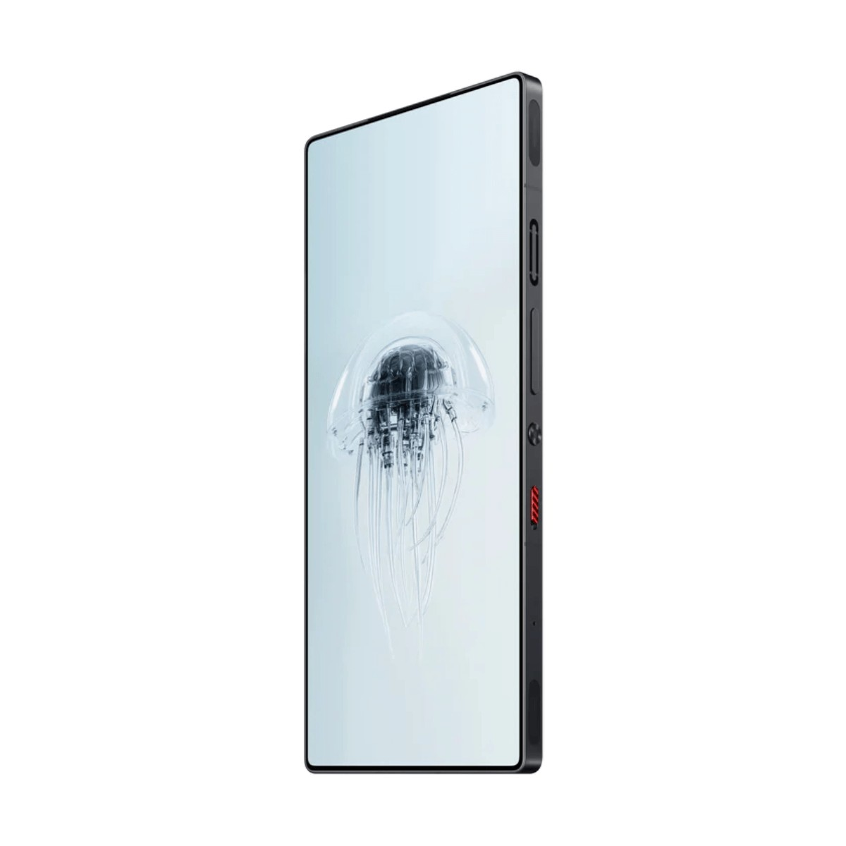 Ein Smartphone mit dunklem Rahmen zeigt ein transparentes Quallen-Hintergrundbild und seitliche Tasten.