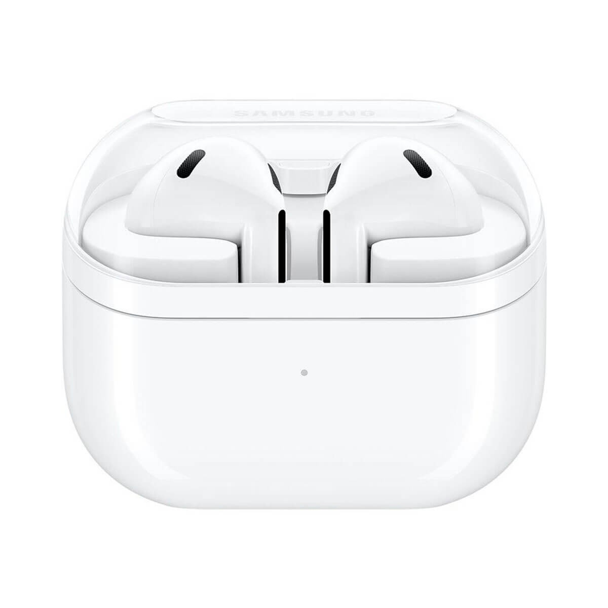 Auricolari wireless bianchi nella custodia di ricarica aperta su sfondo neutro.