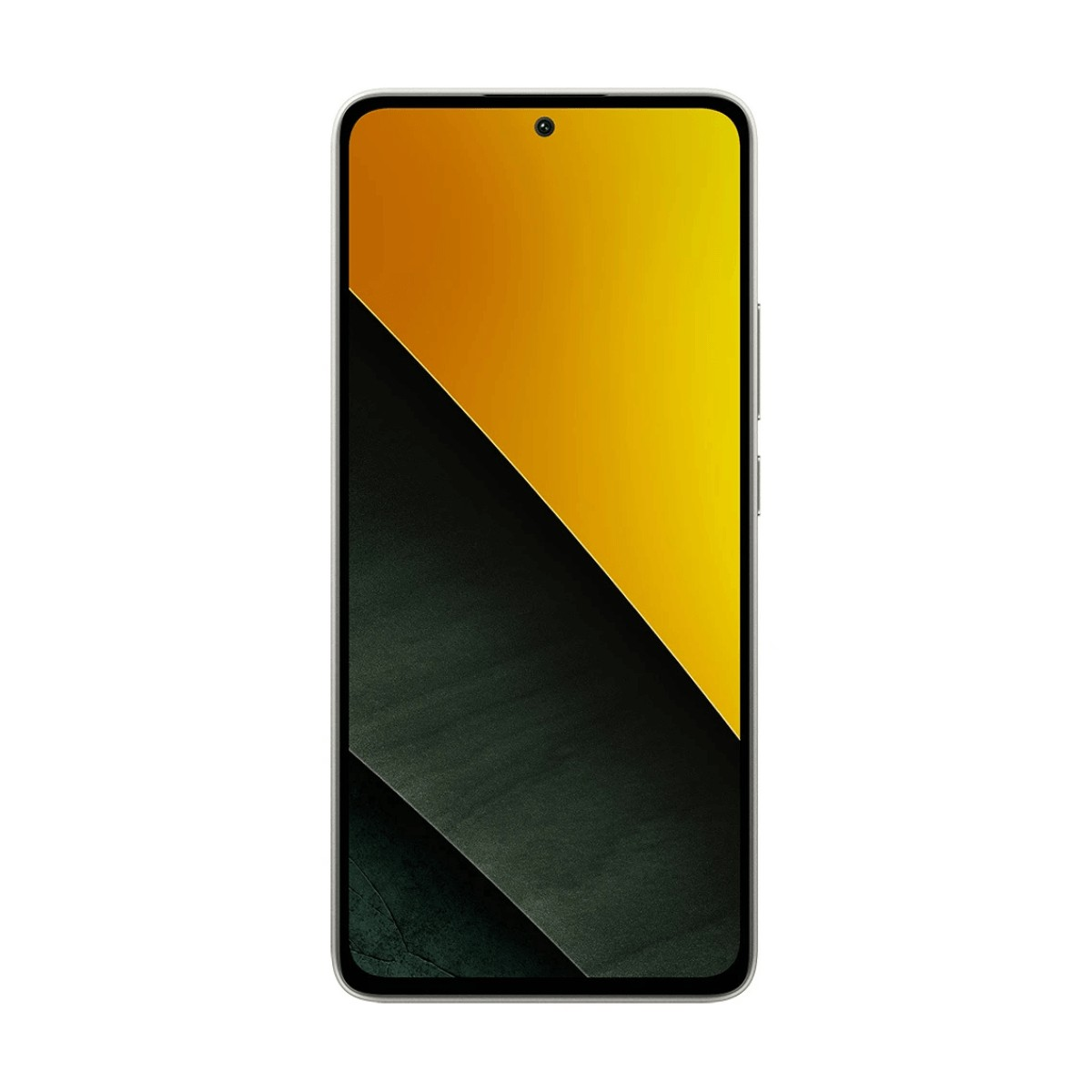 Vista frontale di uno smartphone con bordi sottili, fotocamera in alto al centro e sfondo giallo e nero.