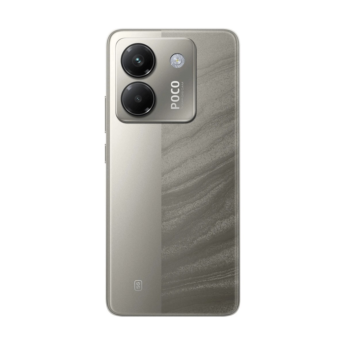 Retro di uno smartphone Poco grigio con due grandi obiettivi fotografici e motivo marmorizzato.