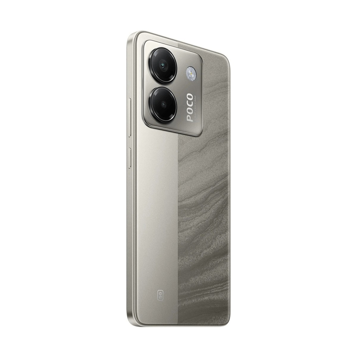 Retro di uno smartphone argento con due grandi obiettivi fotografici e un pannello laterale marmorizzato.