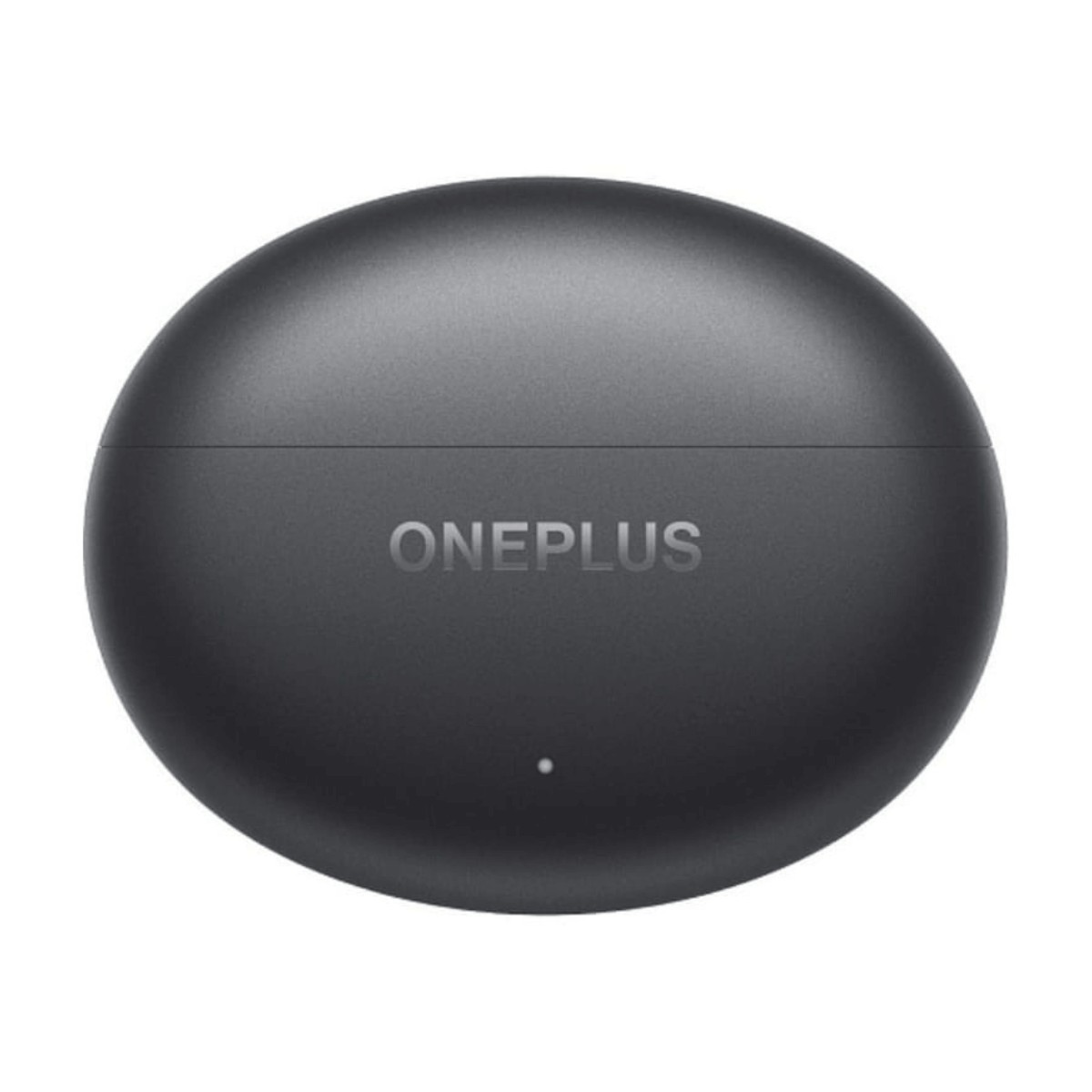 Una custodia di ricarica ovale e grigia per auricolari wireless OnePlus su sfondo bianco.