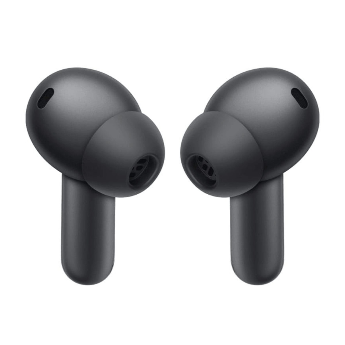 Due auricolari wireless neri su sfondo bianco.