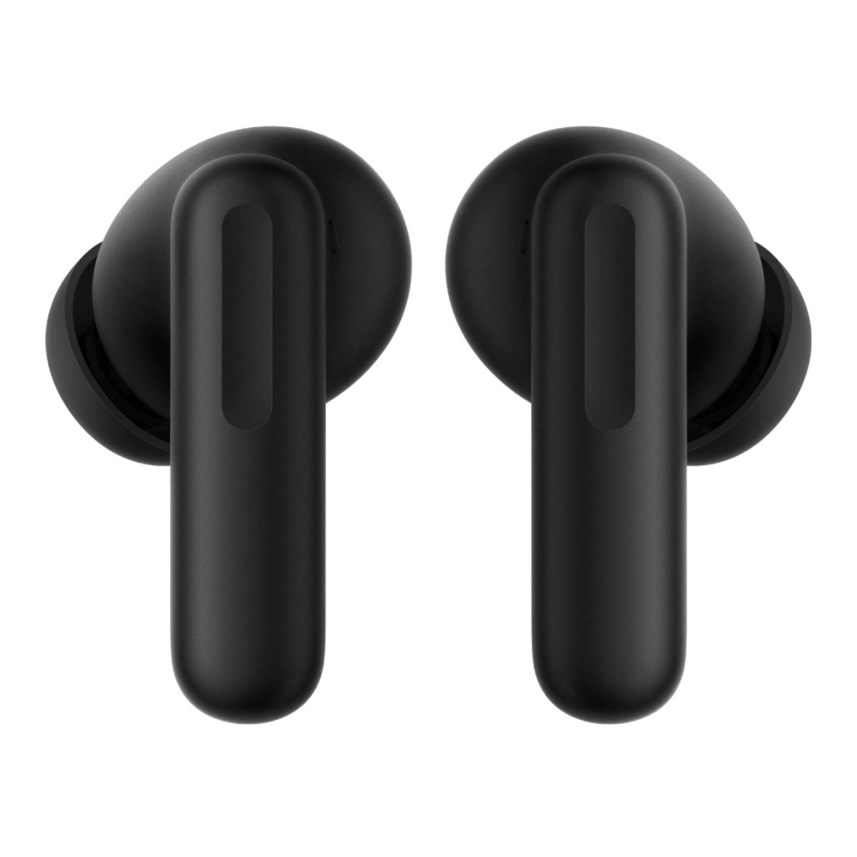 Dos auriculares inalámbricos negros sobre un fondo blanco.