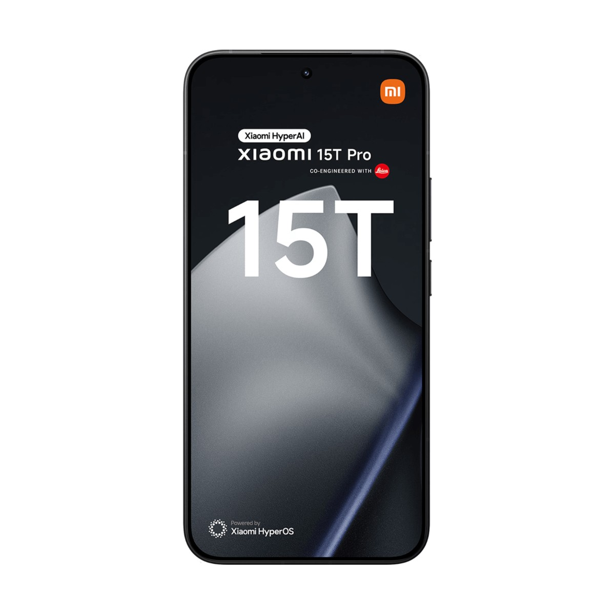 Uno smartphone nero Xiaomi 15T Pro mostra il nome del marchio e la scritta 15T sullo schermo.