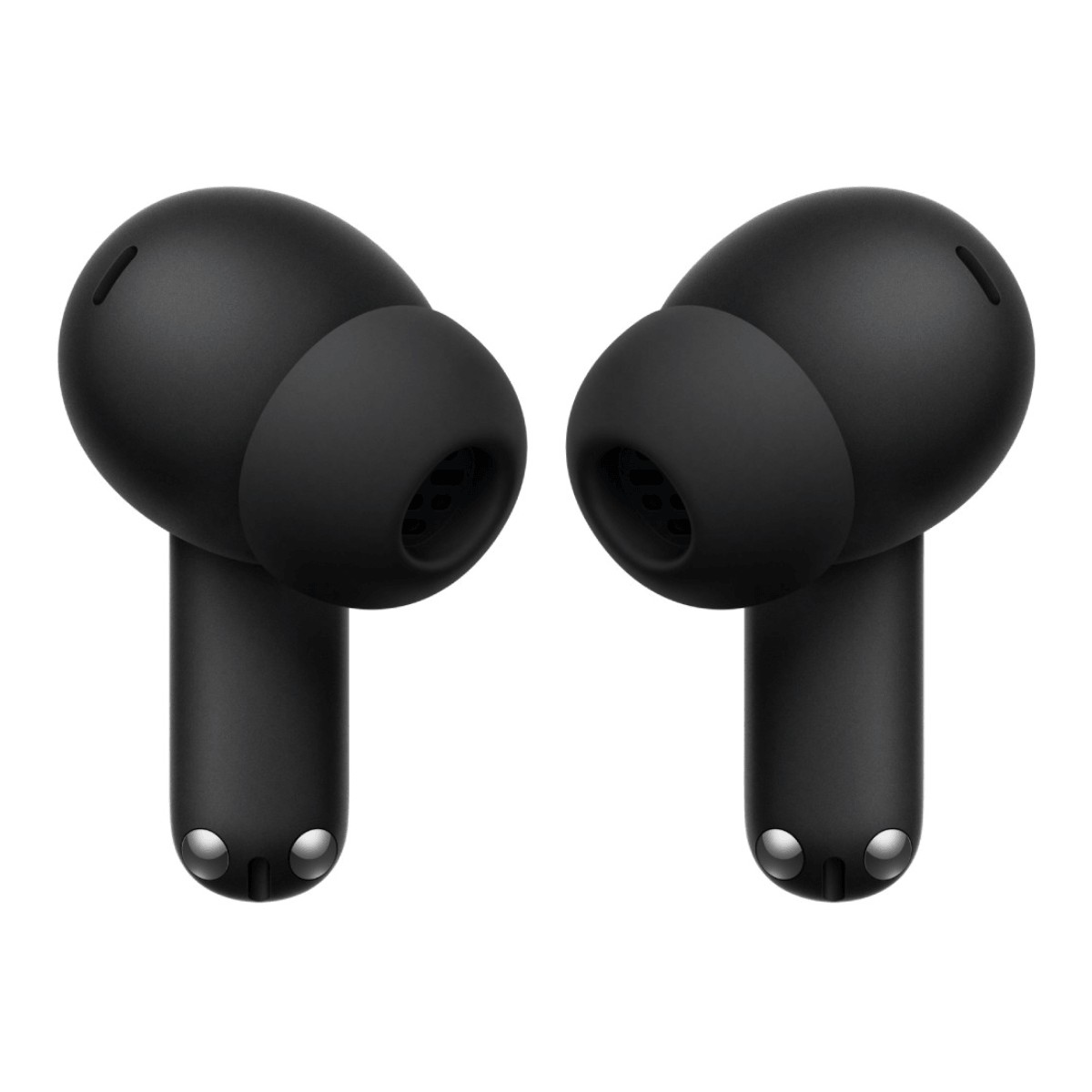 Dos auriculares inalámbricos negros con tallos sobre fondo blanco.