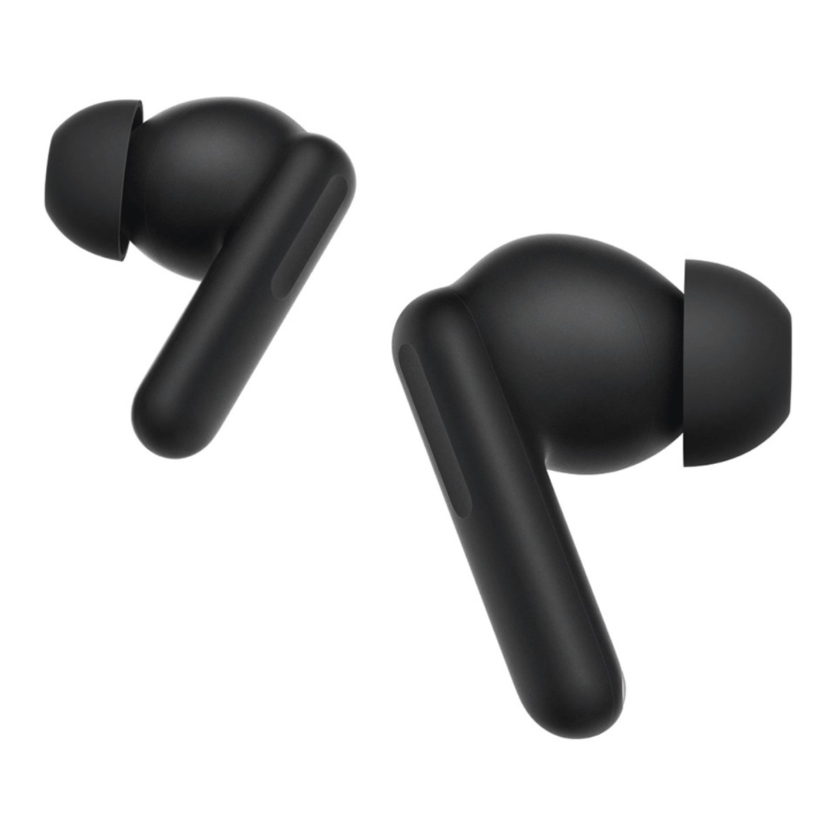 Dos auriculares inalámbricos negros sobre un fondo blanco.