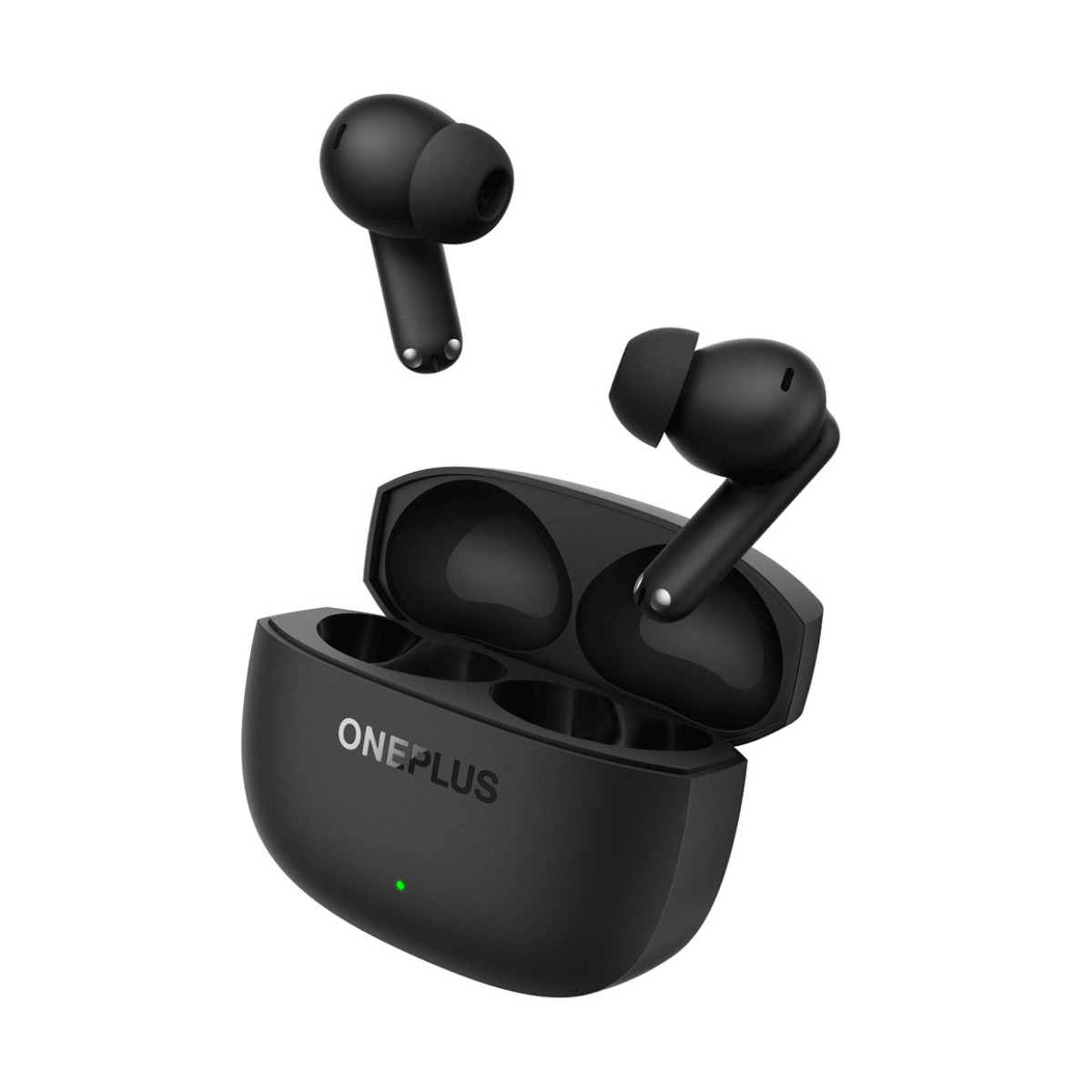 Auriculares inalámbricos negros OnePlus con estuche de carga abierto y luz verde sobre fondo blanco.