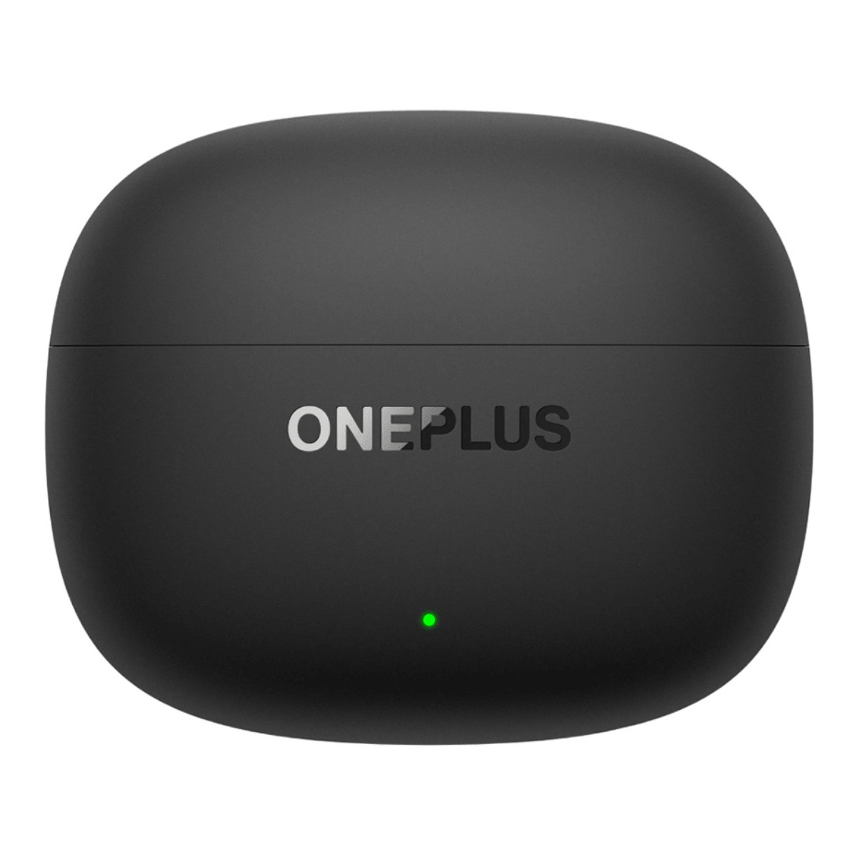 Estuche de carga negro OnePlus con logotipo plateado y indicador LED verde brillante.