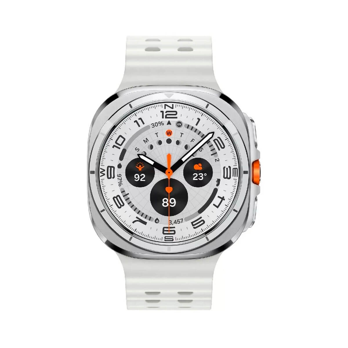 Uno smartwatch argento con cinturino bianco e quadrante analogico su sfondo bianco.