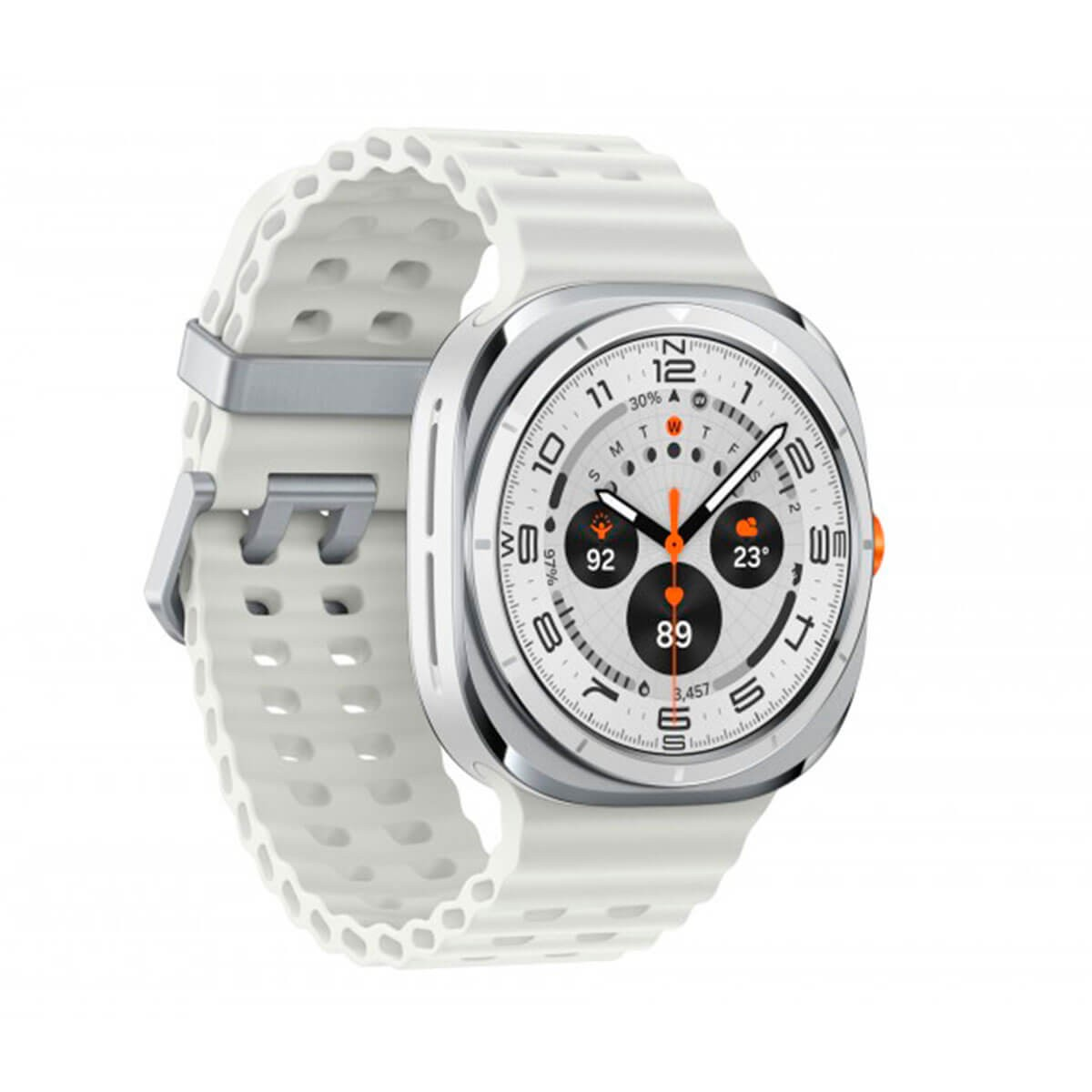 Uno smartwatch bianco con display rettangolare e cinturino perforato.