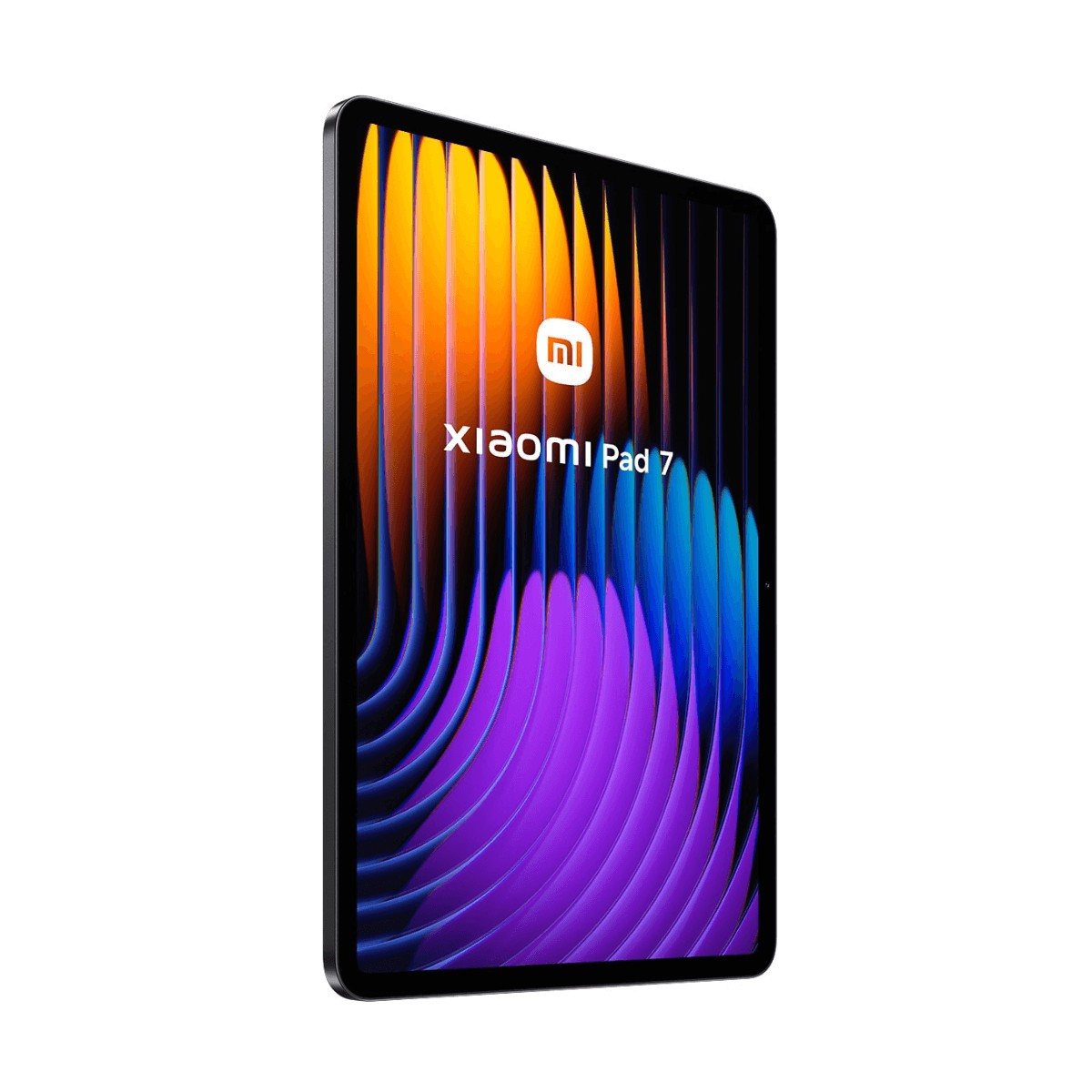 Xiaomi Pad 7 in custodia nera che mostra un motivo dello schermo colorato e curvo su sfondo bianco.