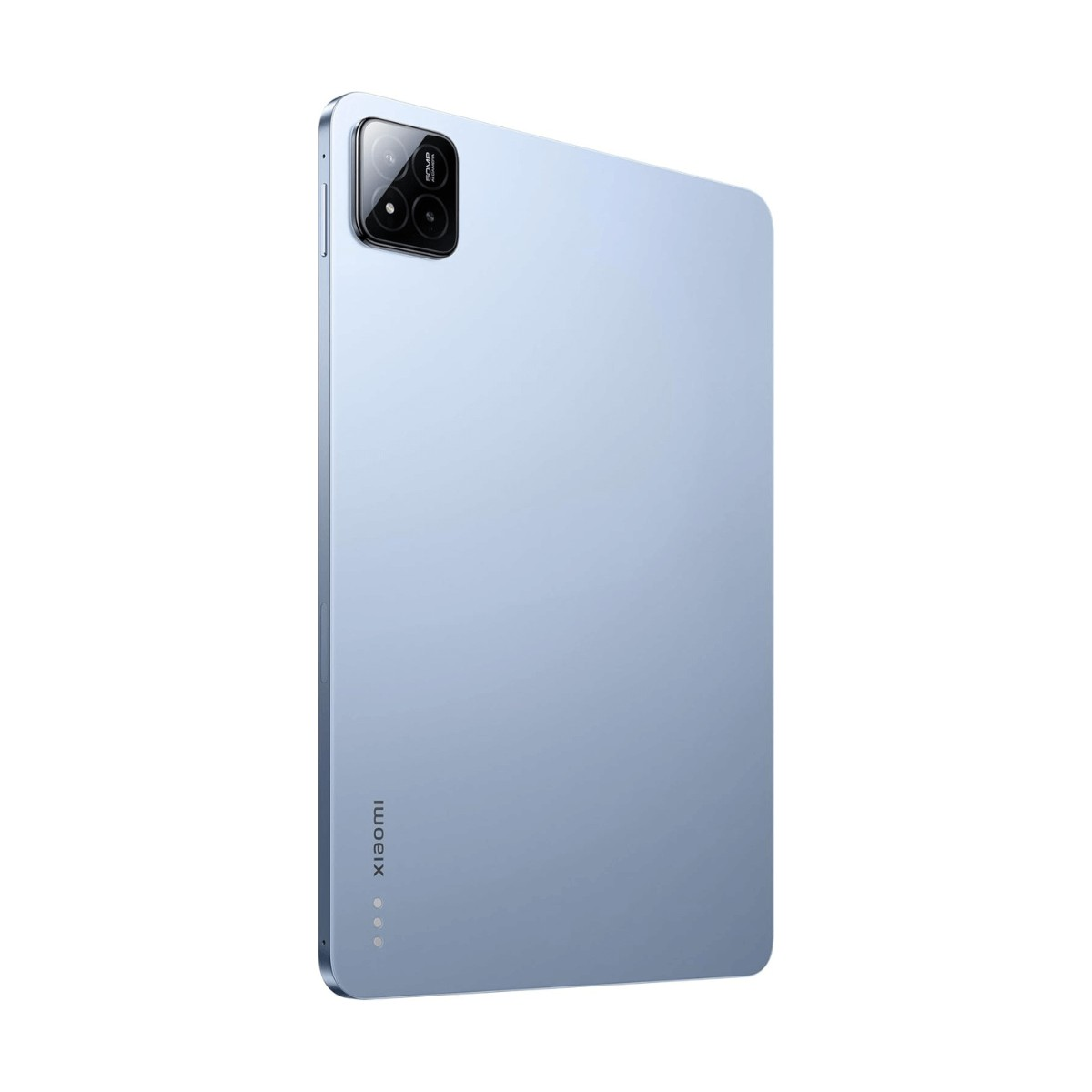 Retro di un tablet Xiaomi azzurro con modulo fotocamera rettangolare in alto a sinistra e logo.