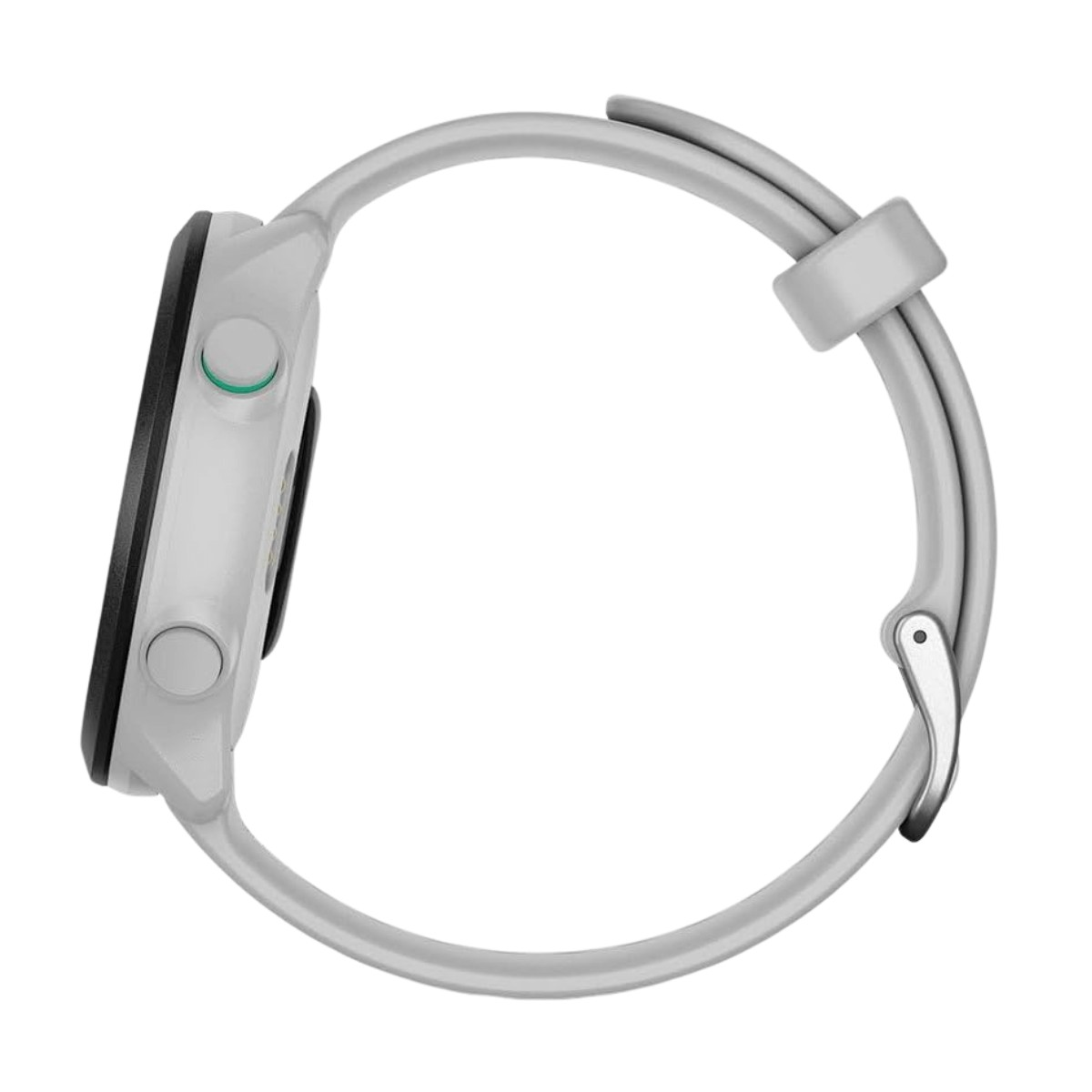 Uno smartwatch grigio con cassa nera e due pulsanti laterali, isolato su sfondo bianco.
