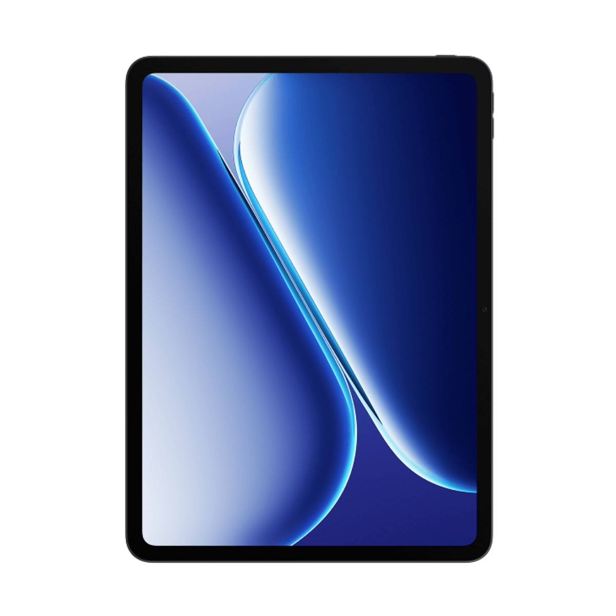 Un tablet nero con uno sfondo astratto blu e curvo sullo schermo.