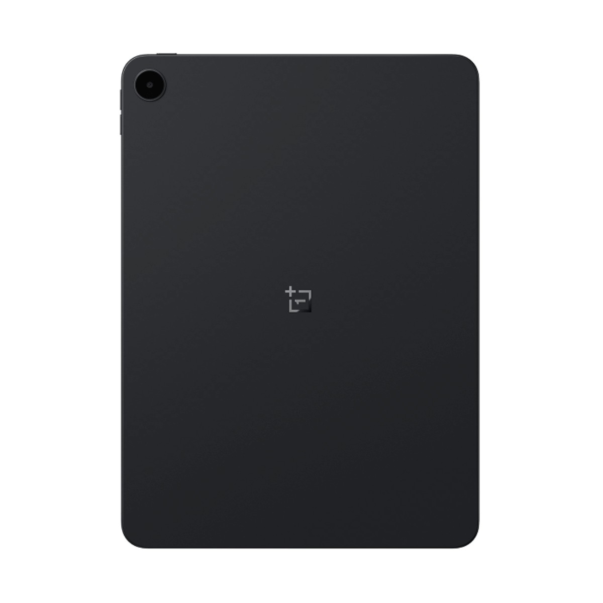 Retro di un tablet nero con una fotocamera in alto a sinistra e il logo centrale.