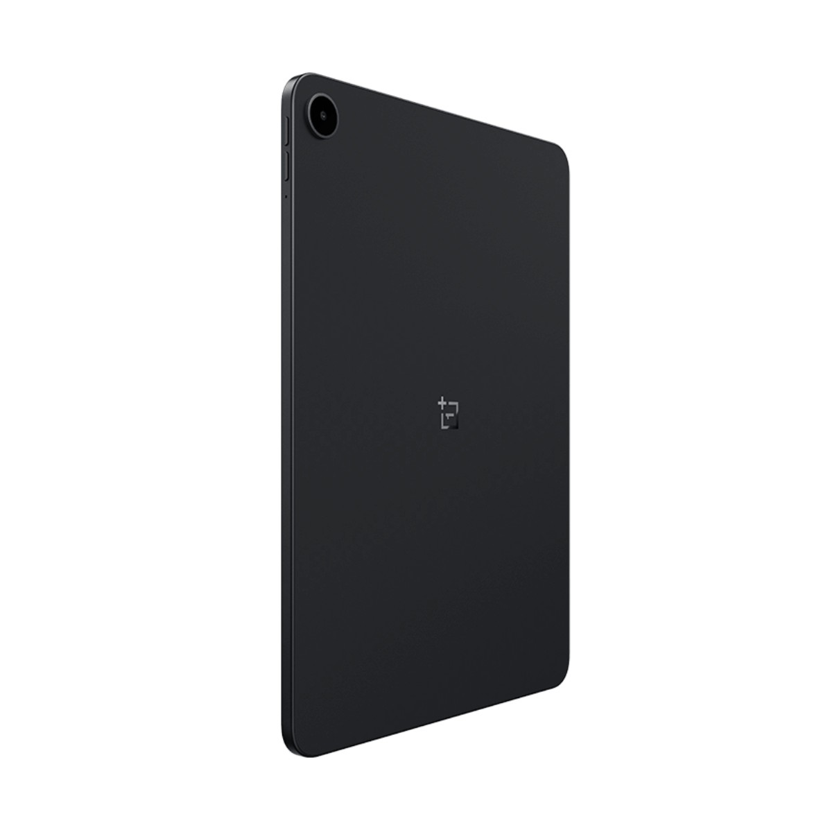Retro di un tablet grigio scuro con una fotocamera in alto e logo centrato su sfondo uniforme.