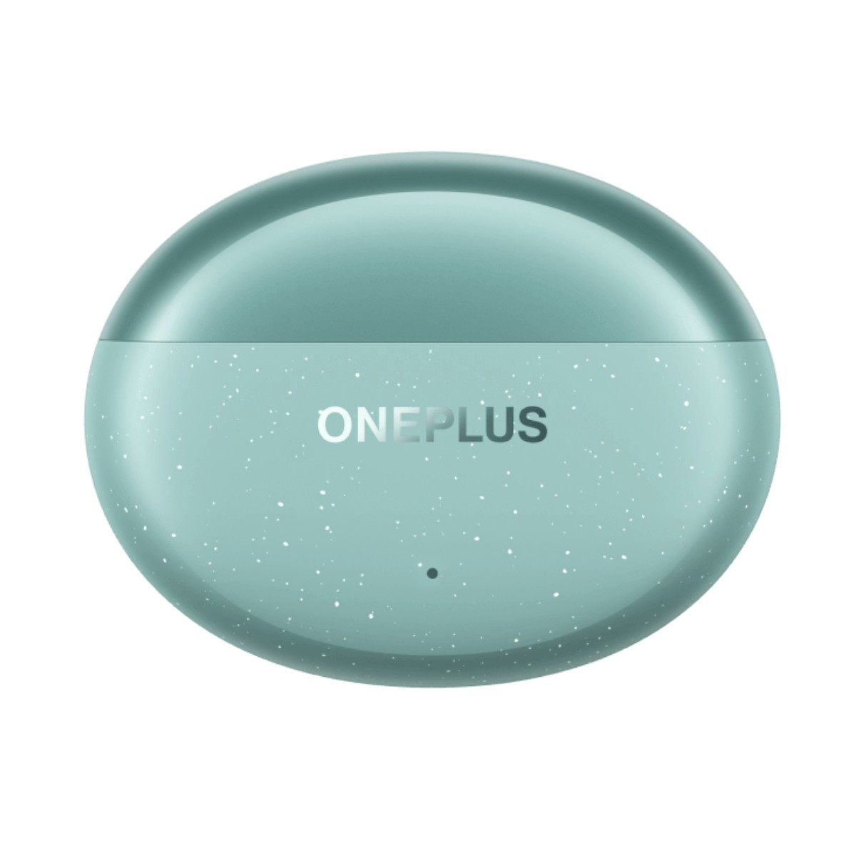 Una custodia di ricarica OnePlus ovale, verde menta con macchie bianche e logo argento su fondo bianco.