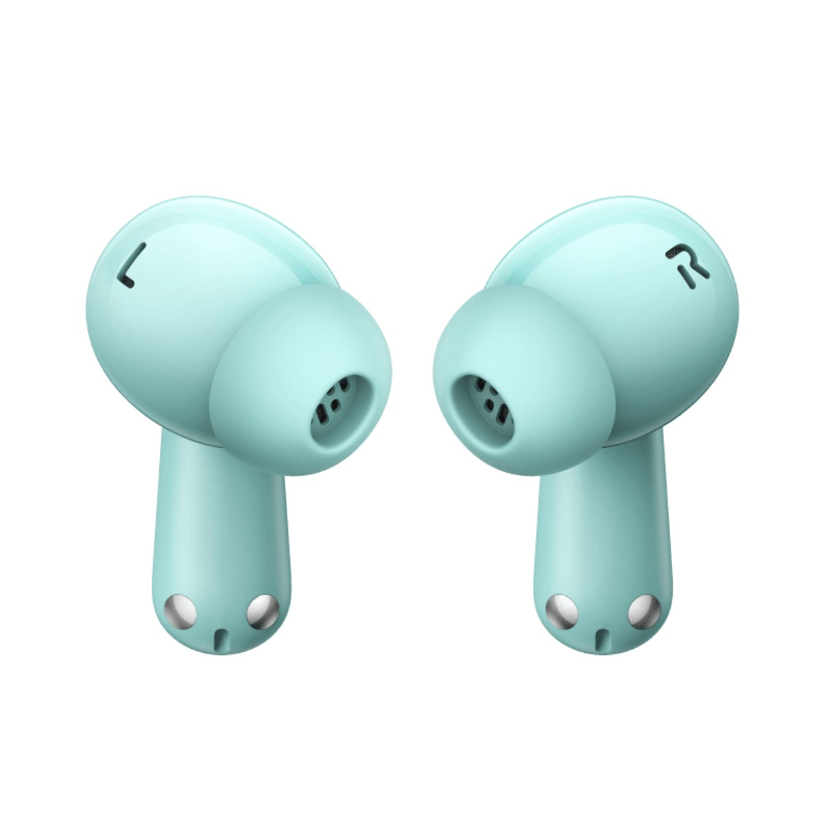Un paio di cuffie in-ear azzurre con dettagli argentati su sfondo bianco.