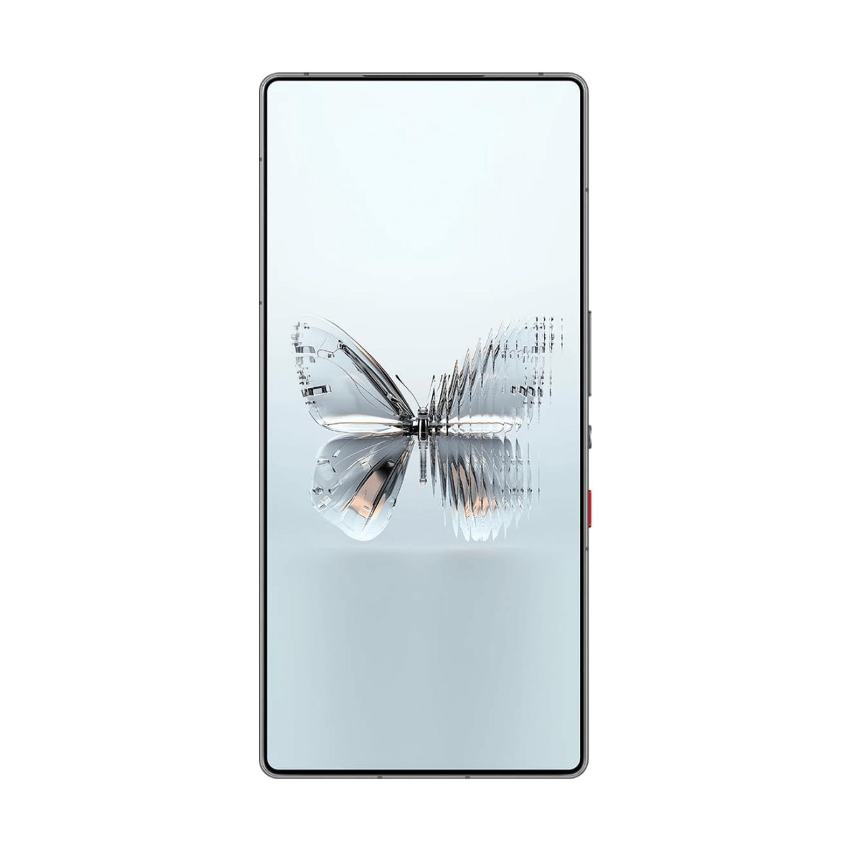 Ein Smartphone mit einer durchsichtigen, kristallinen Schmetterlingsgrafik auf dem hellen Bildschirm.